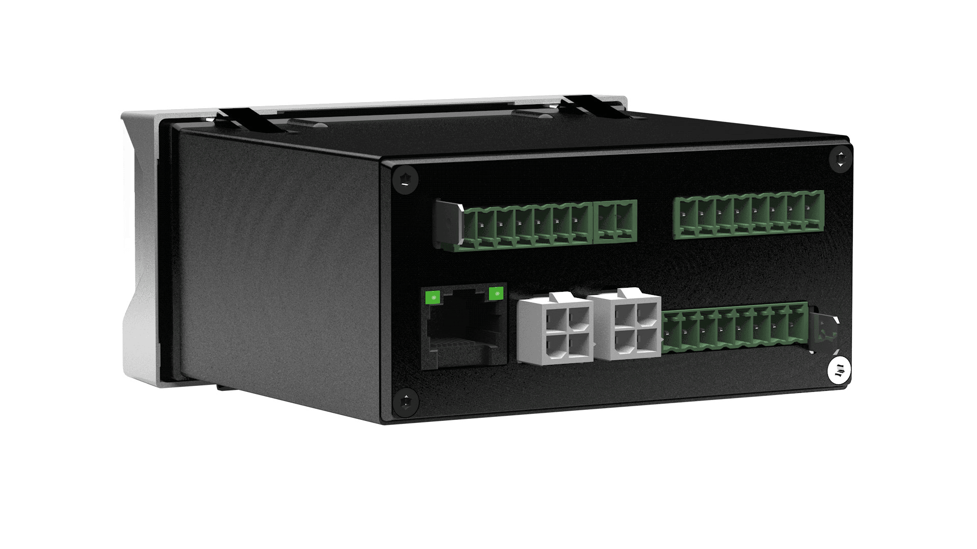 Ein schwarzes elektronisches Steuergerät mit mehreren grünen Anschlüssen, zwei grauen Anschlüssen und einem Ethernet-Anschluss auf der Vorderseite. Das Gerät hat eine Metallhalterung an der Seite.