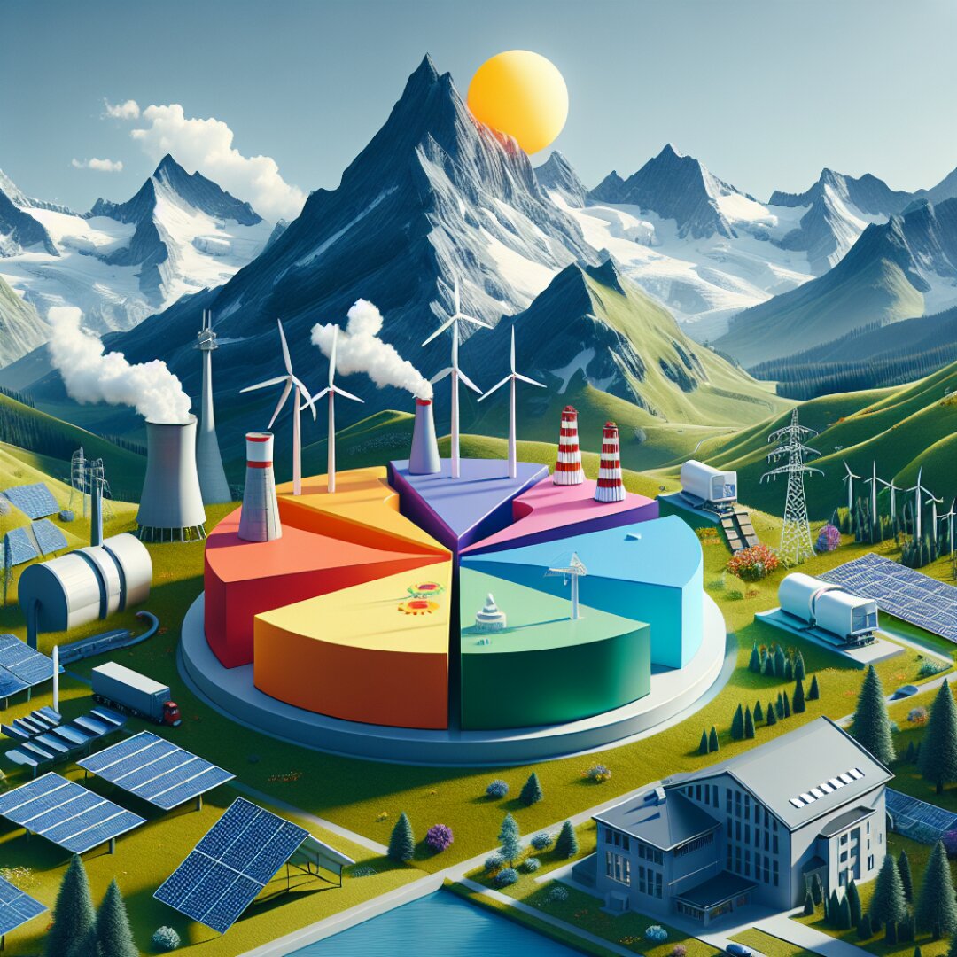 Ein farbenfrohes Tortendiagramm mit verschiedenen Energiequellen, darunter Windturbinen, Sonnenkollektoren, Wasserkraftwerke, Kernkraftwerke und Anlagen für fossile Brennstoffe, eingebettet in eine grüne Berglandschaft unter einer strahlenden Sonne.