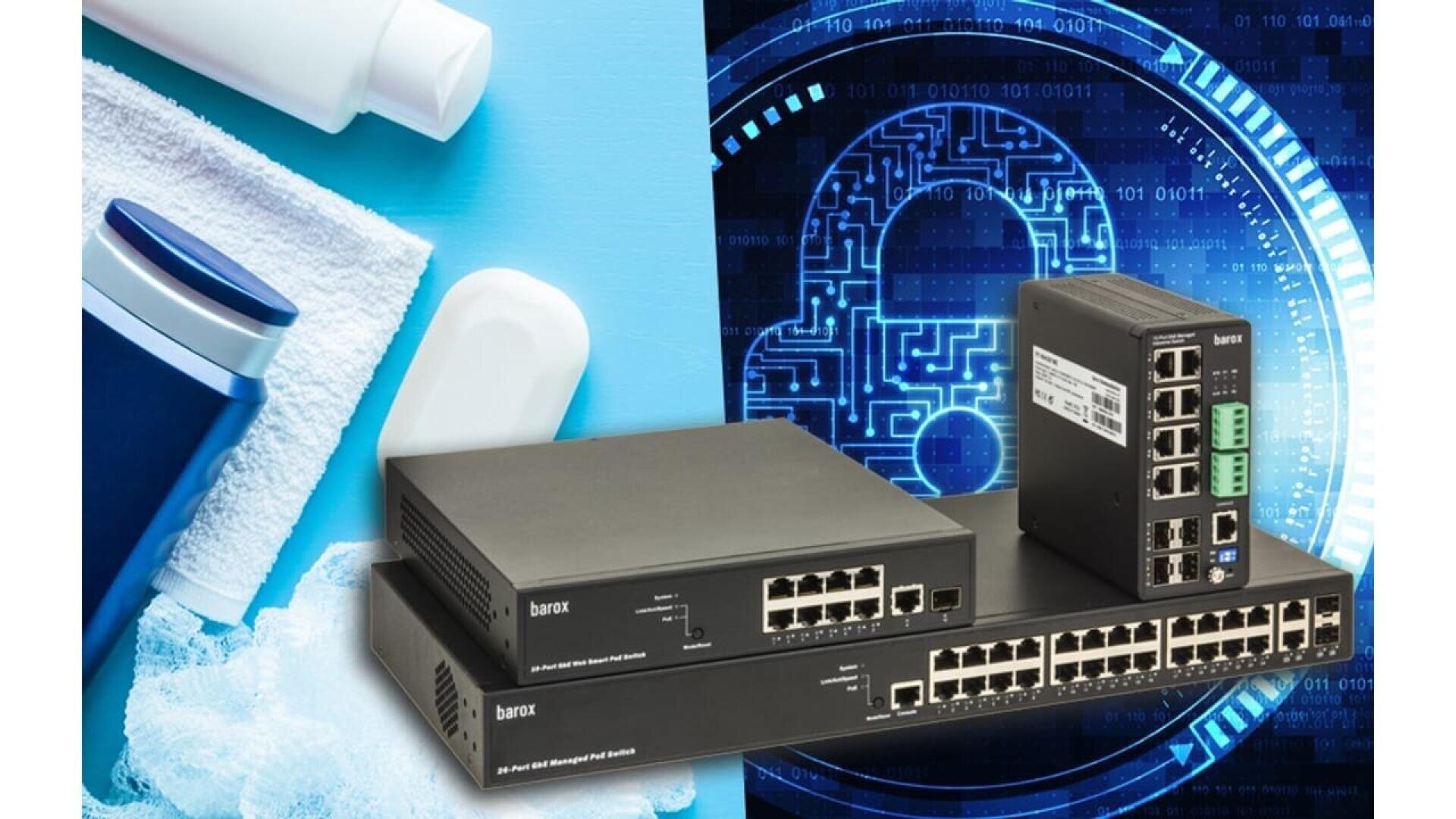 Three network switches and a router are shown in the foreground. In the background, there are items like soap, a towel, and a bottle on the left, and a digital padlock and circuit graphic on the right.