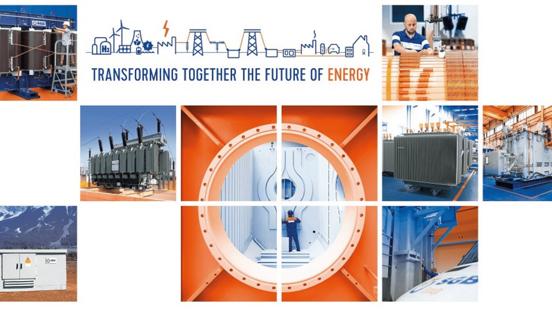 Eine Collage mit Bildern von elektrischen Transformatoren, einem Arbeiter, der Komponenten zusammenbaut, Industrieanlagen und einer zentralen Figur in Schutzkleidung, mit dem Text: "Gemeinsam die Zukunft der Energie transformieren".