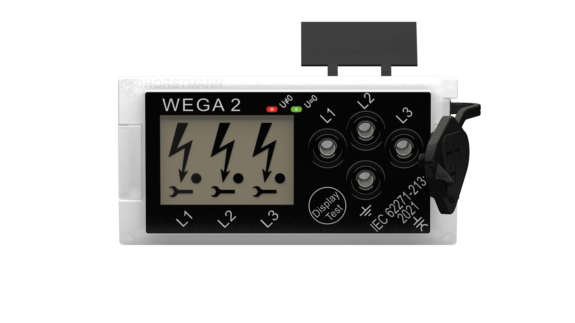 Vorderansicht eines WEGA 2-Elektrogeräts mit drei Warnsymbolen (L1, L2 und L3), Statusanzeigen und einem Drehwahlschalter auf der rechten Seite.