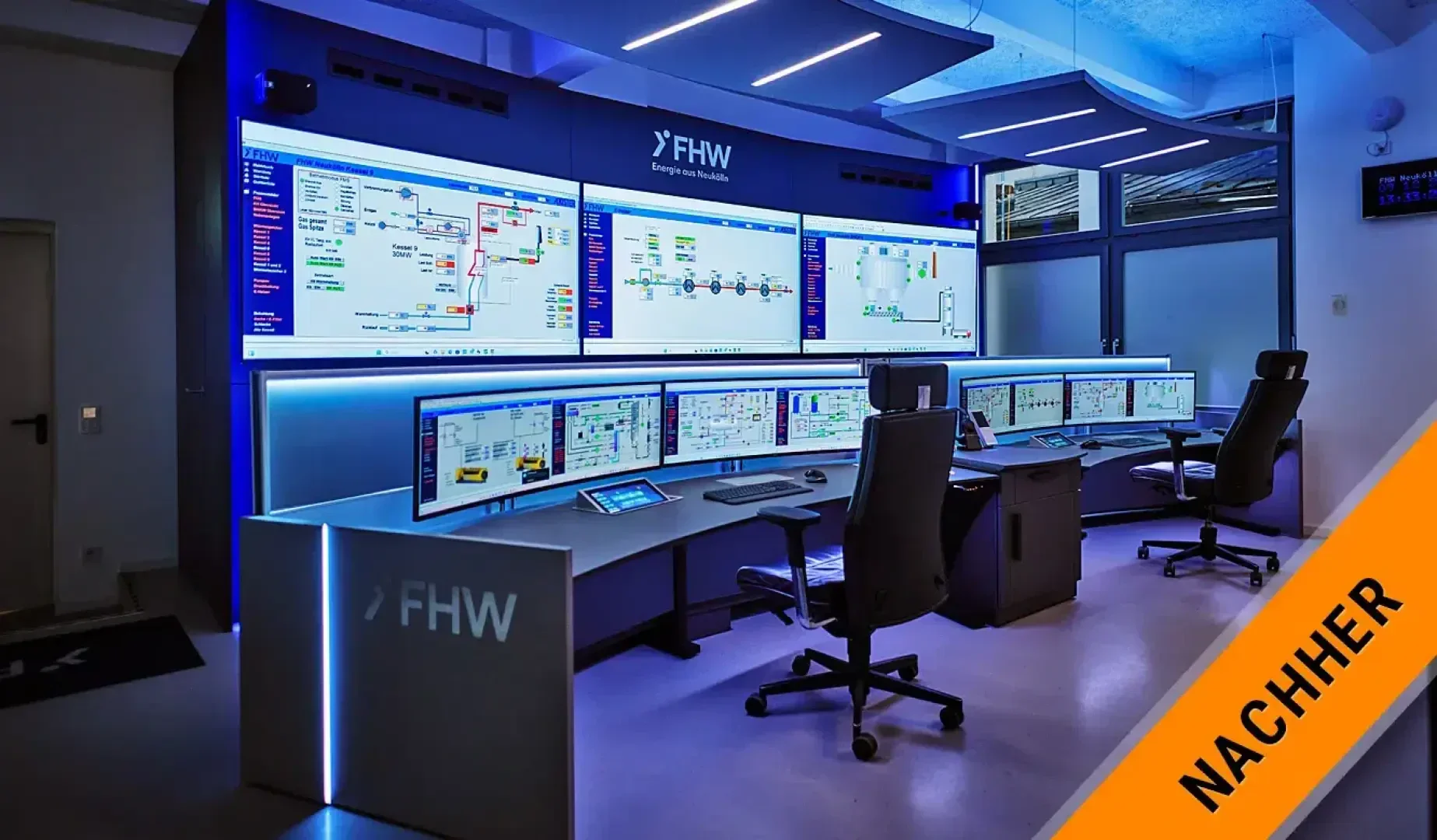 A modern control room with large wall monitors displaying complex system diagrams and six computer screens on desks illuminated with blue light. The word AFTER appears on an orange diagonal banner in the bottom right corner.
