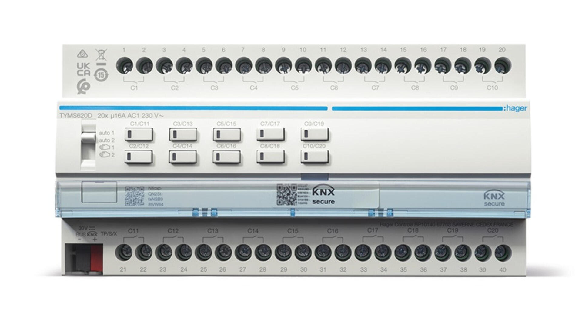 Ein weißes, sicheres KNX-Schaltfeld von Hager mit mehreren beschrifteten Schaltern, Klemmen und Anzeigelampen, das für Gebäudeautomationssysteme verwendet wird.