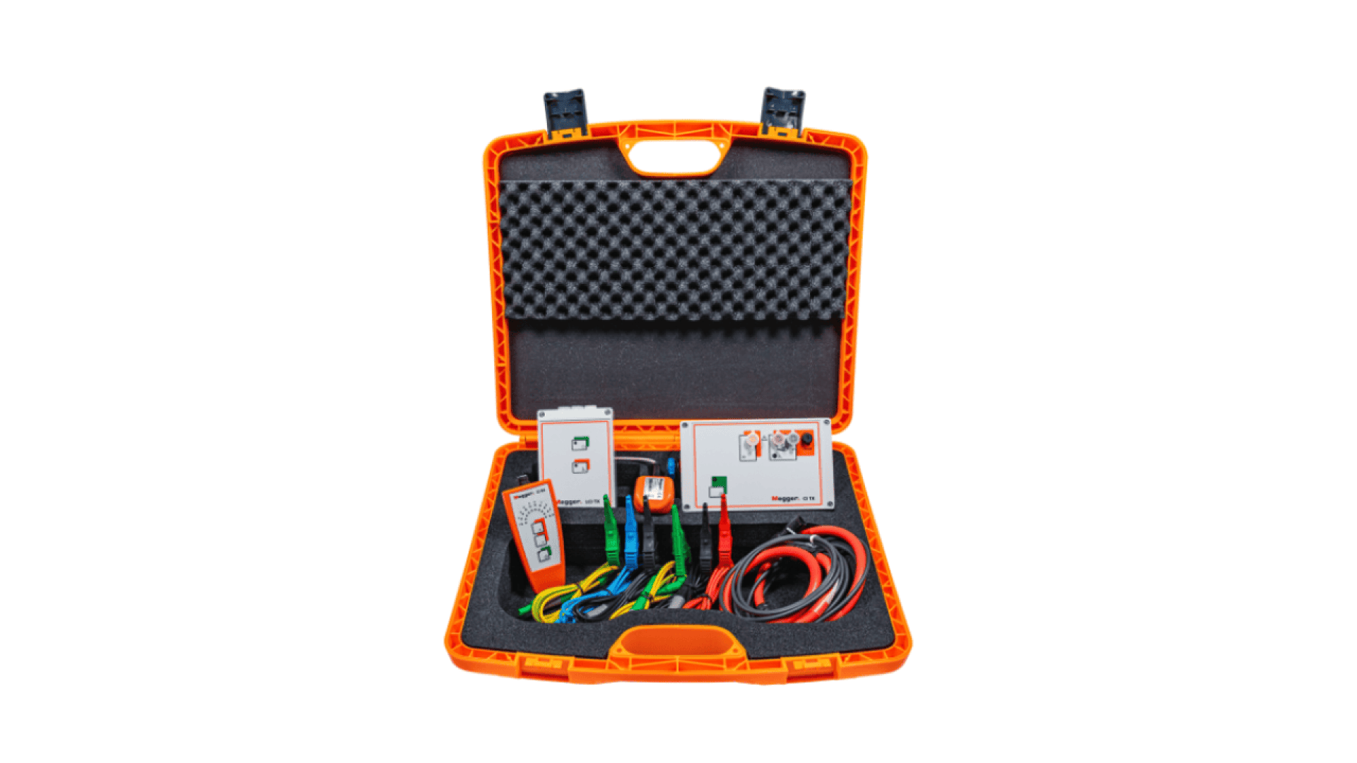 An open orange hard case displays electronic testing equipment, including control boxes, multicolored cables, and connectors, all neatly arranged in custom foam compartments.