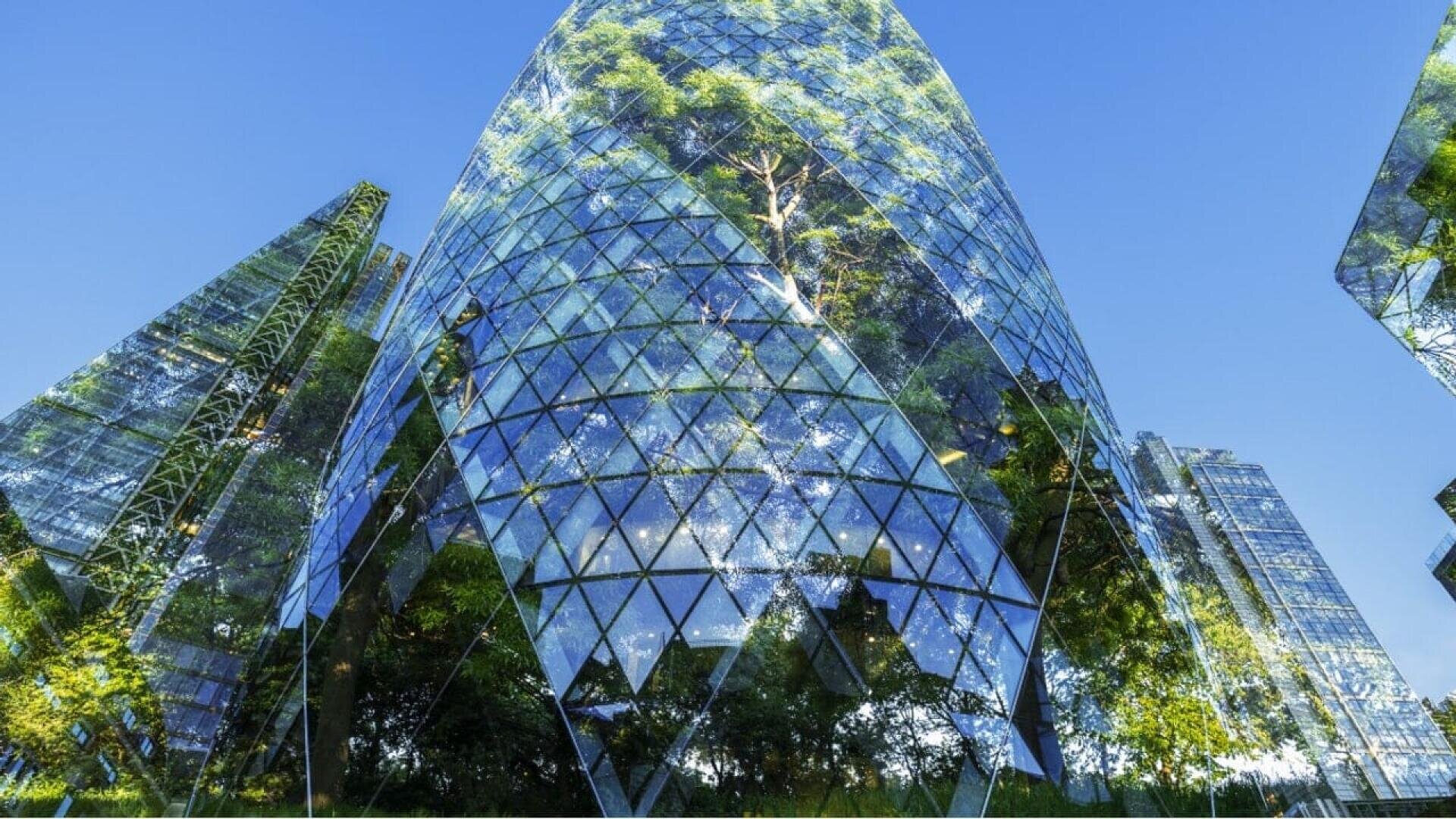 Modern glass skyscrapers with diamond-shaped patterns reflect green trees and a clear blue sky, blending nature and urban architecture.