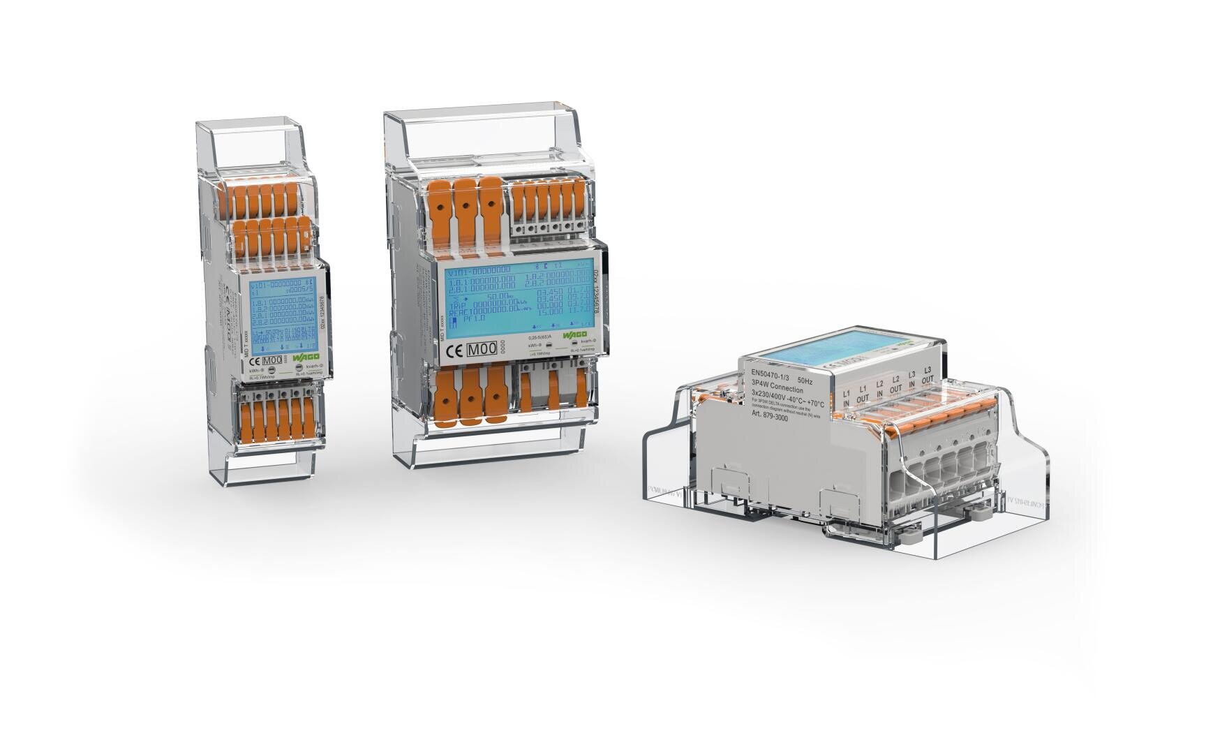 Three transparent industrial electronic devices with orange connection terminals and blue digital displays are shown on a white background, viewed from different angles.