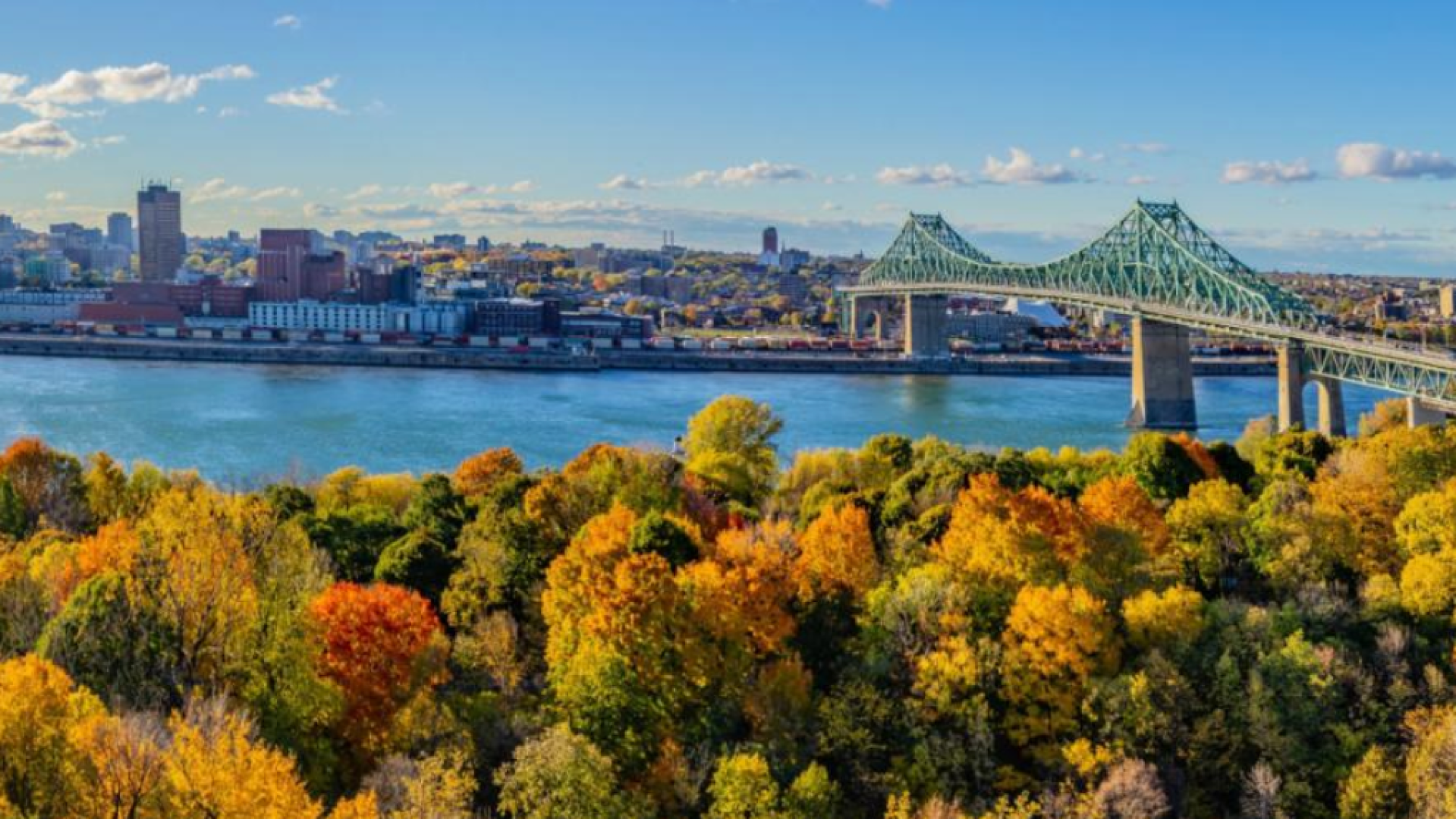 Eine große Brücke überspannt einen breiten Fluss mit der Skyline einer Stadt im Hintergrund. Im Vordergrund leuchten die Bäume in leuchtenden Herbstfarben wie Gelb, Orange und Grün unter einem klaren blauen Himmel.