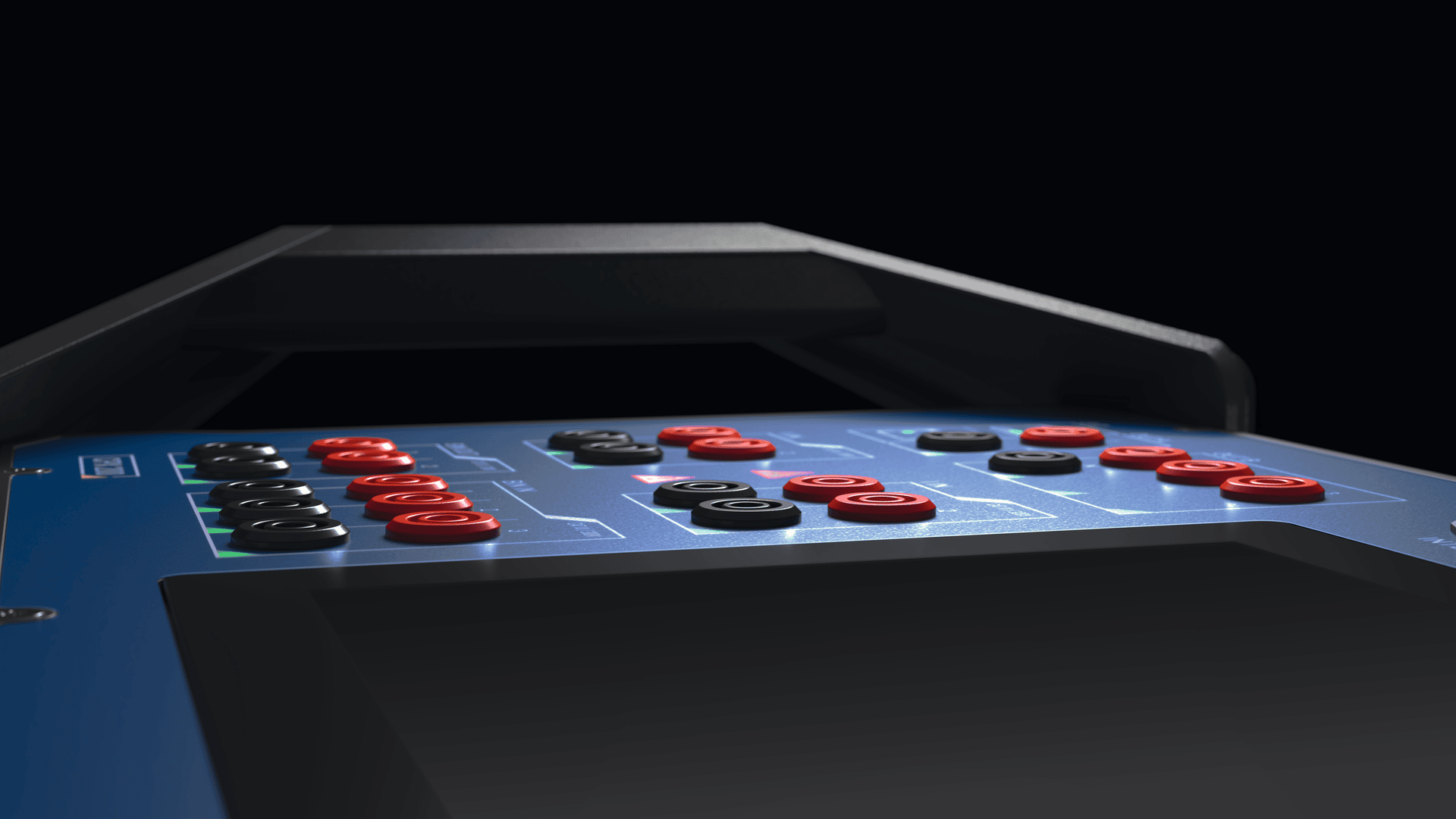 Close-up of a blue electronic control panel with rows of black and red buttons or connections illuminated by light against a dark background.