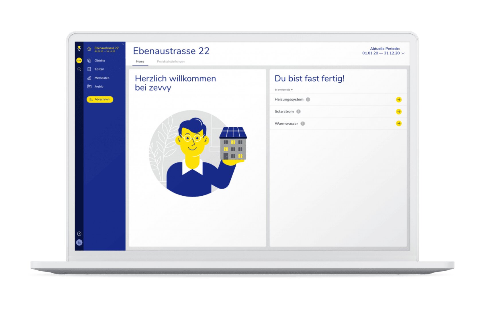 Ein Laptop-Bildschirm zeigt ein Armaturenbrett in deutscher Sprache mit einer blauen Seitenleiste, einer Willkommensnachricht und einer illustrierten Person, die ein Haus hält. Eine Checkliste auf der rechten Seite zeigt Schritte für energiebezogene Aufgaben, einschließlich Wärmepumpe, Solaranlage und Heizsystem.