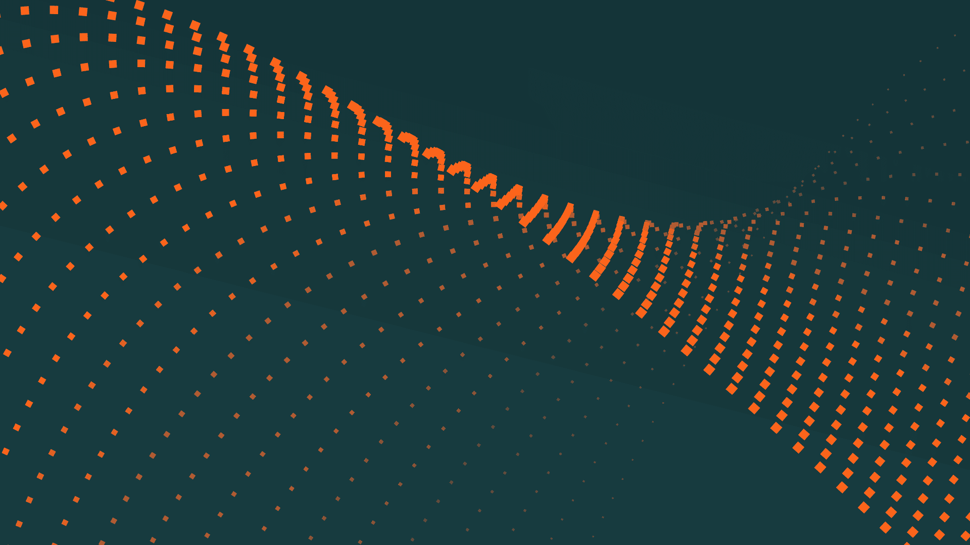 Ein dunkler tealfarbener Hintergrund mit geschwungenen Linien aus gleichmäßig verteilten, kleinen orangefarbenen Quadraten, die ein dynamisches, wellenförmiges Muster bilden, das in der Mitte zusammenläuft.