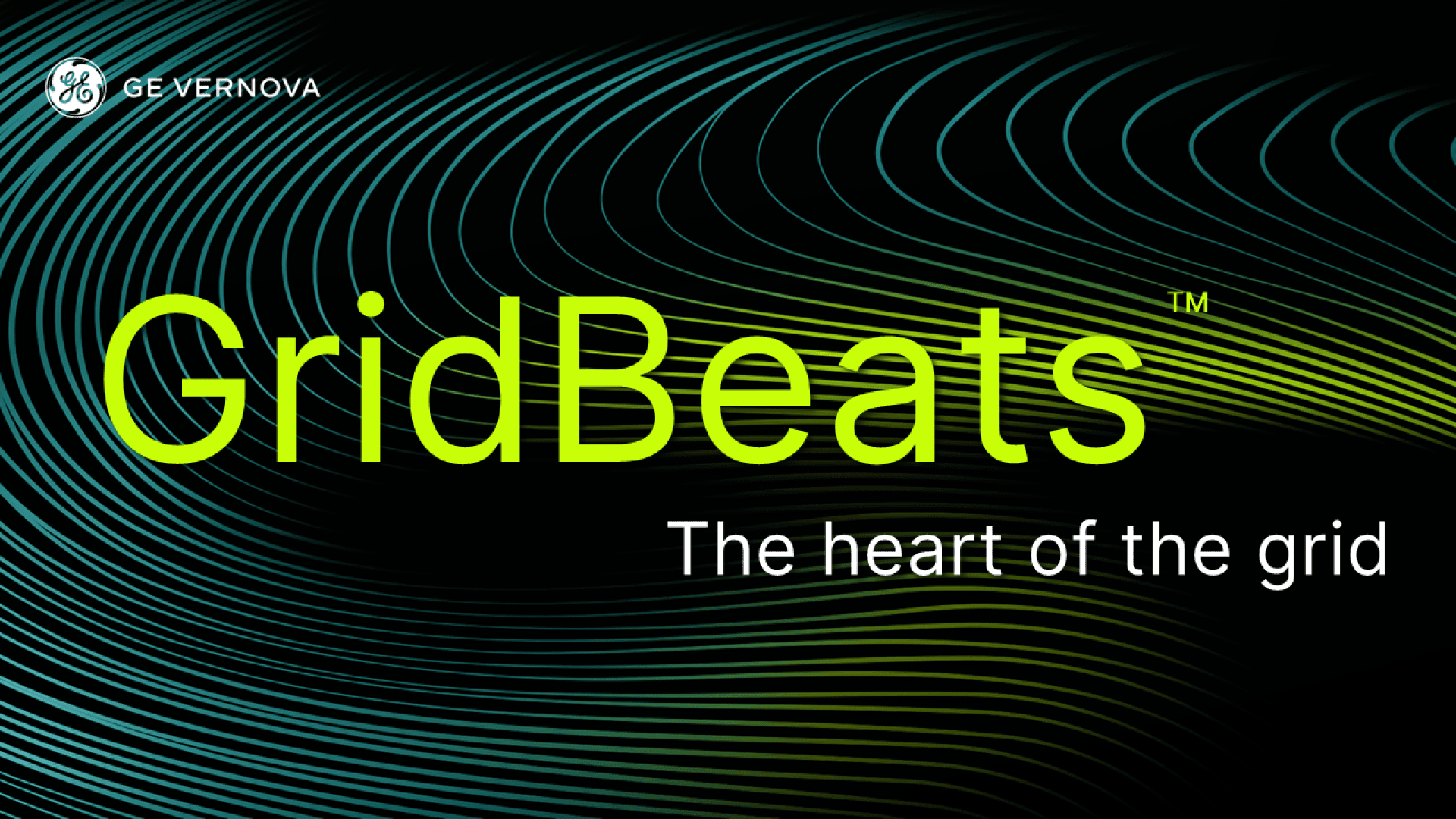 Eine digitale Grafik mit wirbelnden, neongrünen und blauen Linien auf schwarzem Hintergrund. Der weiße Text lautet „GE Vernova“ und „The heart of the grid“, in der Mitte steht in großen grünen Buchstaben „GridBeats“.