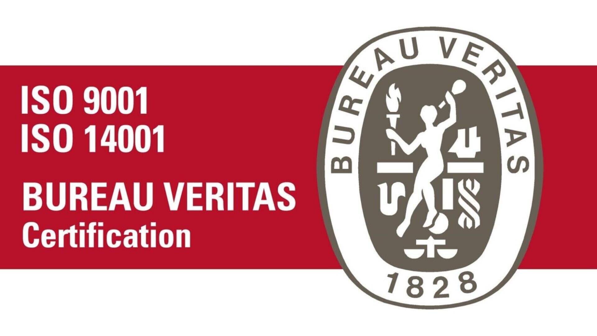 Bureau Veritas certification logo with the text ISO 9001, ISO 14001, Bureau Veritas Certification next to the Bureau Veritas emblem featuring a woman holding a torch and an oval seal marked 1828.