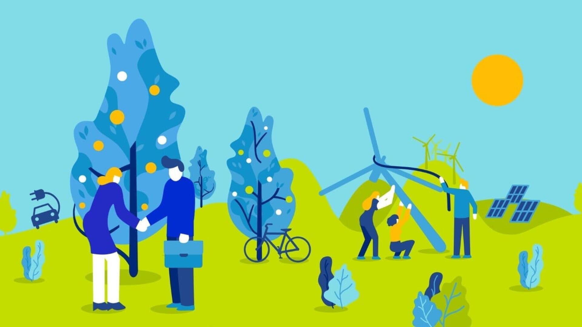 Illustration of people in a green landscape with trees, solar panels, wind turbines, and an electric car, symbolizing clean energy and environmental sustainability. Two people shake hands while others work on renewable energy projects.