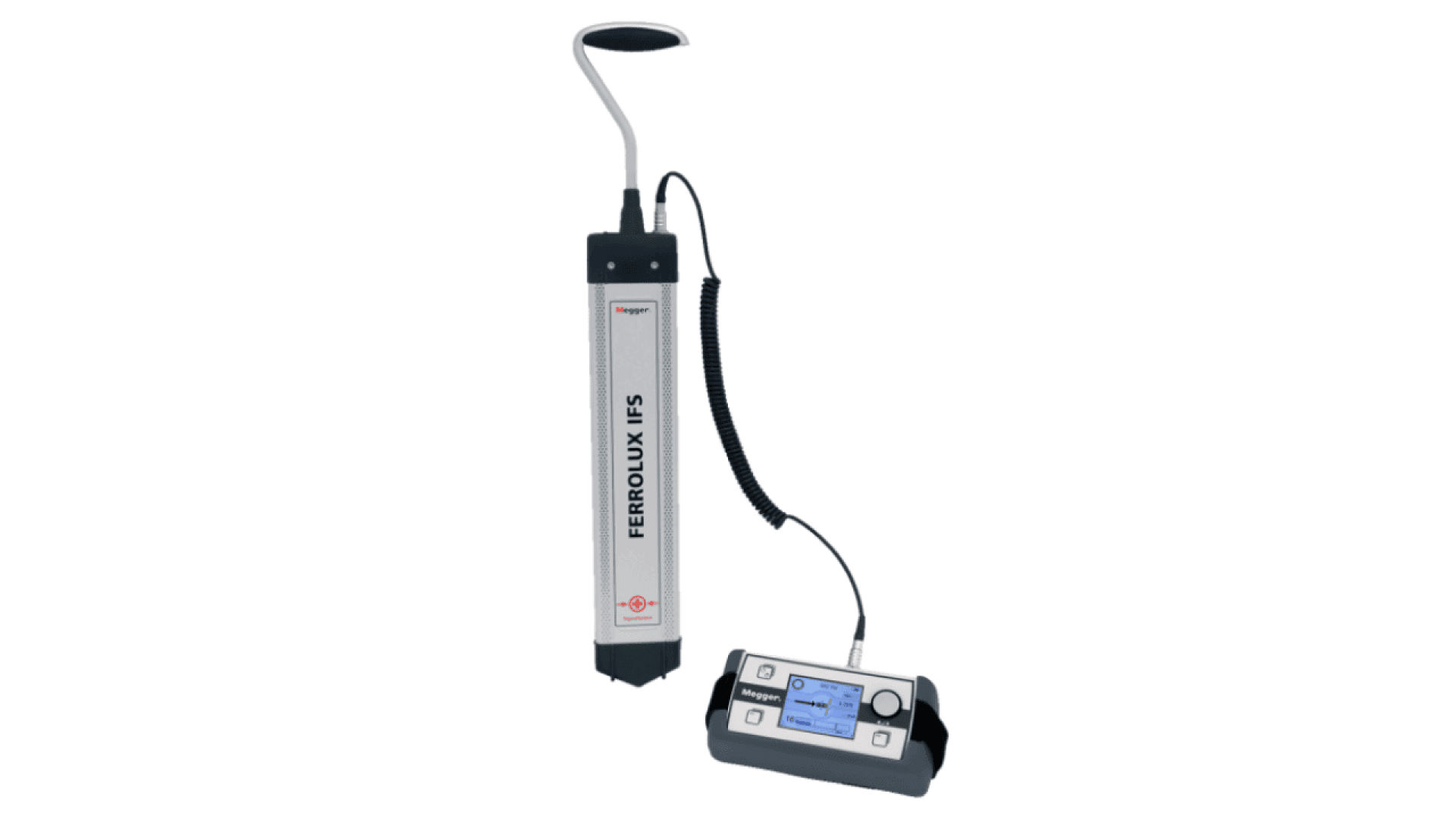 A Ferrolux IFS device with a handheld probe attached by a coiled cable to a control unit featuring a digital display and multiple buttons, used for locating underground pipes and cables.