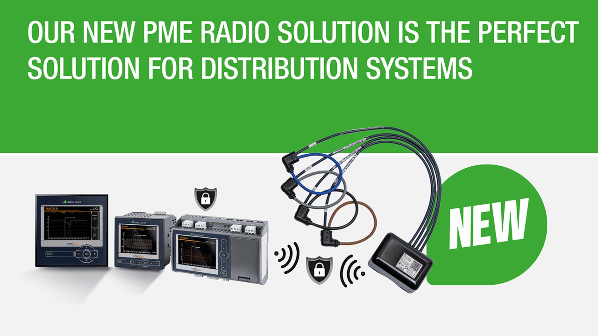 Image showing PME radio solution devices with wires and connectivity icons. Text reads: “Our new PME radio solution is the perfect solution for distribution systems.” A green label says “NEW.”.
