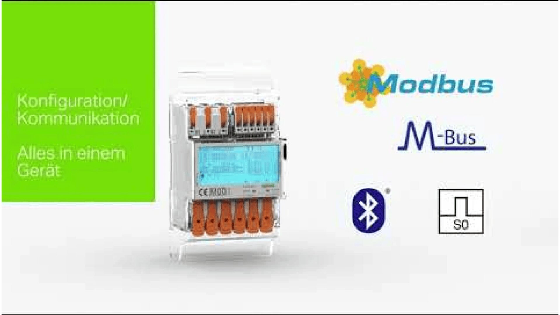 Abgebildet ist ein programmierbares Gerät mit orangefarbenen Anschlüssen und einer digitalen Anzeige. Daneben erscheinen Text in deutscher Sprache und Logos für Modbus, M-Bus, Bluetooth und andere Kommunikationsprotokolle.