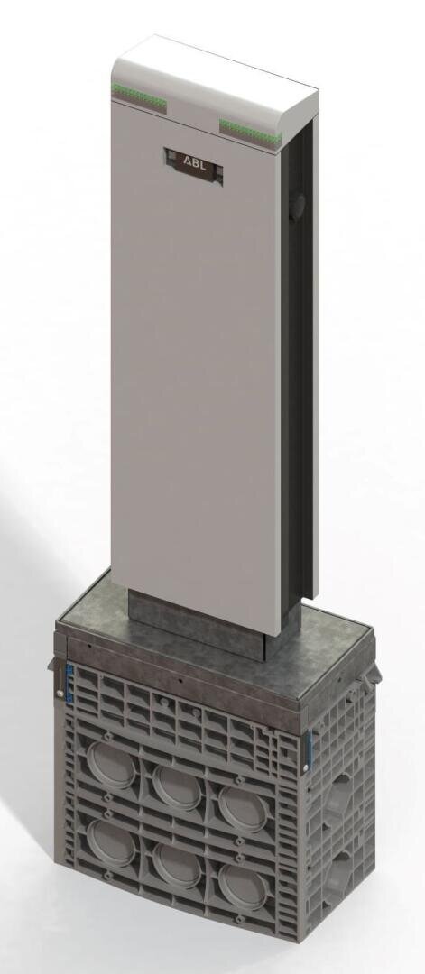 Eine hohe, rechteckige, graue ABL-Ladestation ist auf einem modularen, gitterartigen Untergrund montiert, der auf weißem Hintergrund dargestellt ist. Die Einheit weist minimale Details und ein kleines Display an der Oberseite auf.