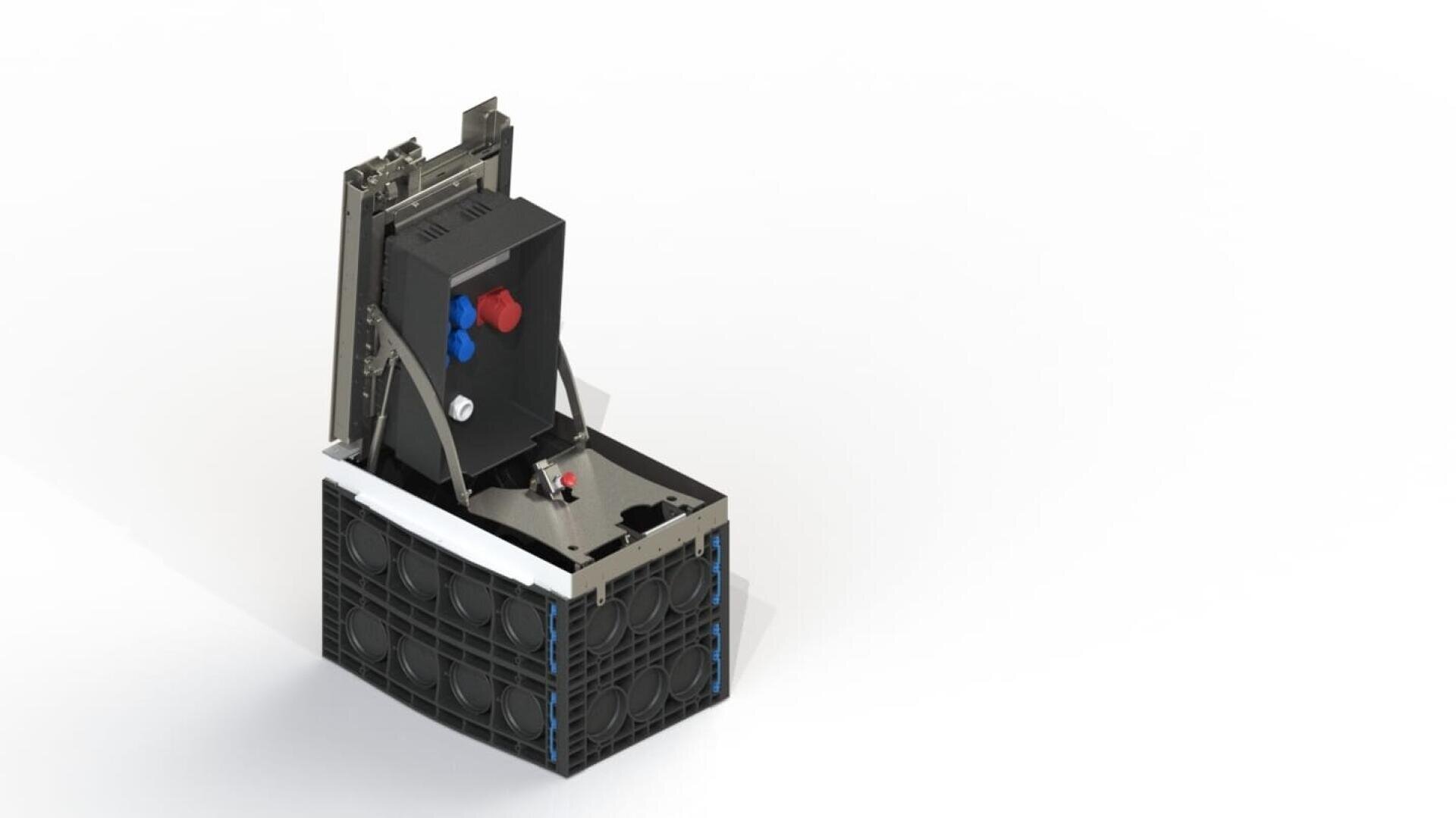 Ein kompakter Satellit oder CubeSat mit metallischem Rahmen und schwarzer Verkleidung, mit blauen und roten Anschlüssen und elektronischen Komponenten, ist vor einem weißen Hintergrund isoliert.