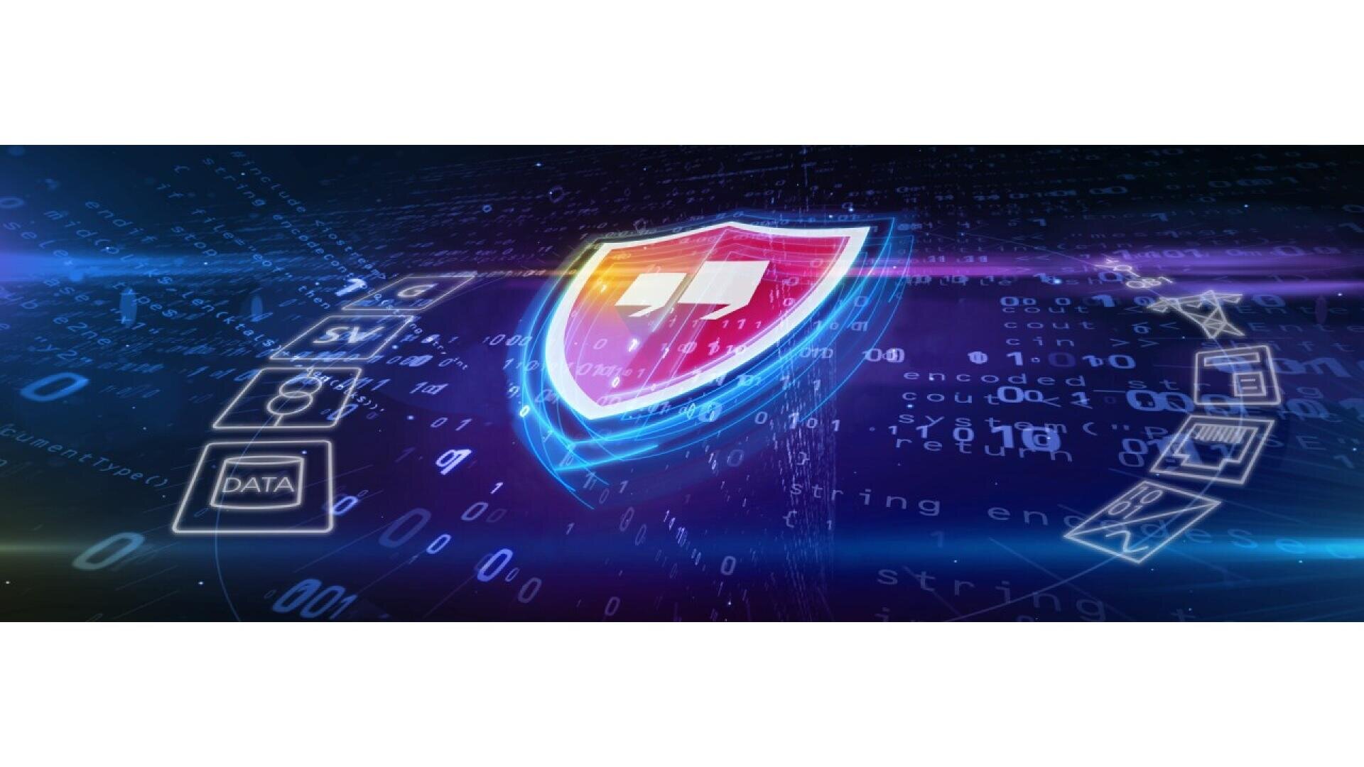 A glowing digital shield icon surrounded by floating data and computer symbols, representing cybersecurity and data protection, on a blue background with binary code and digital effects.