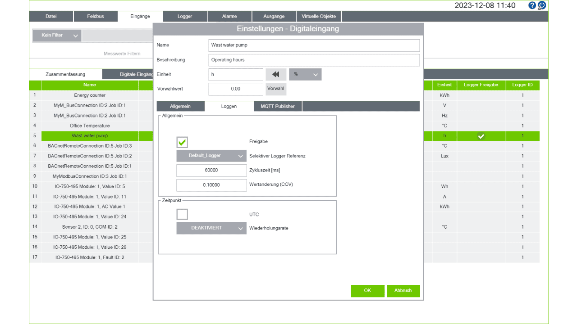 Screenshot of a German-language industrial control interface showing settings for a digital input labeled Well water pump. Options for logging data, thresholds, and time configuration are visible in a dialog box.