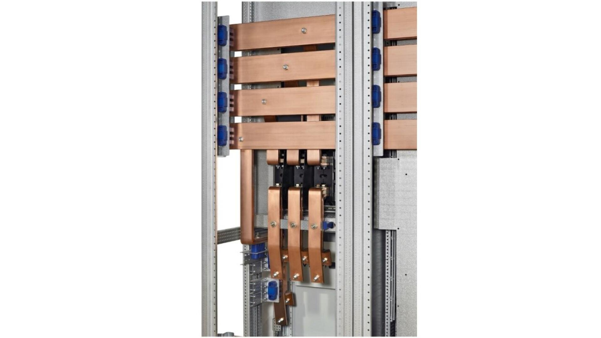 A close-up view of large copper busbars inside an electrical panel, with blue insulated mounts securing the bars vertically and horizontally within a metal enclosure.