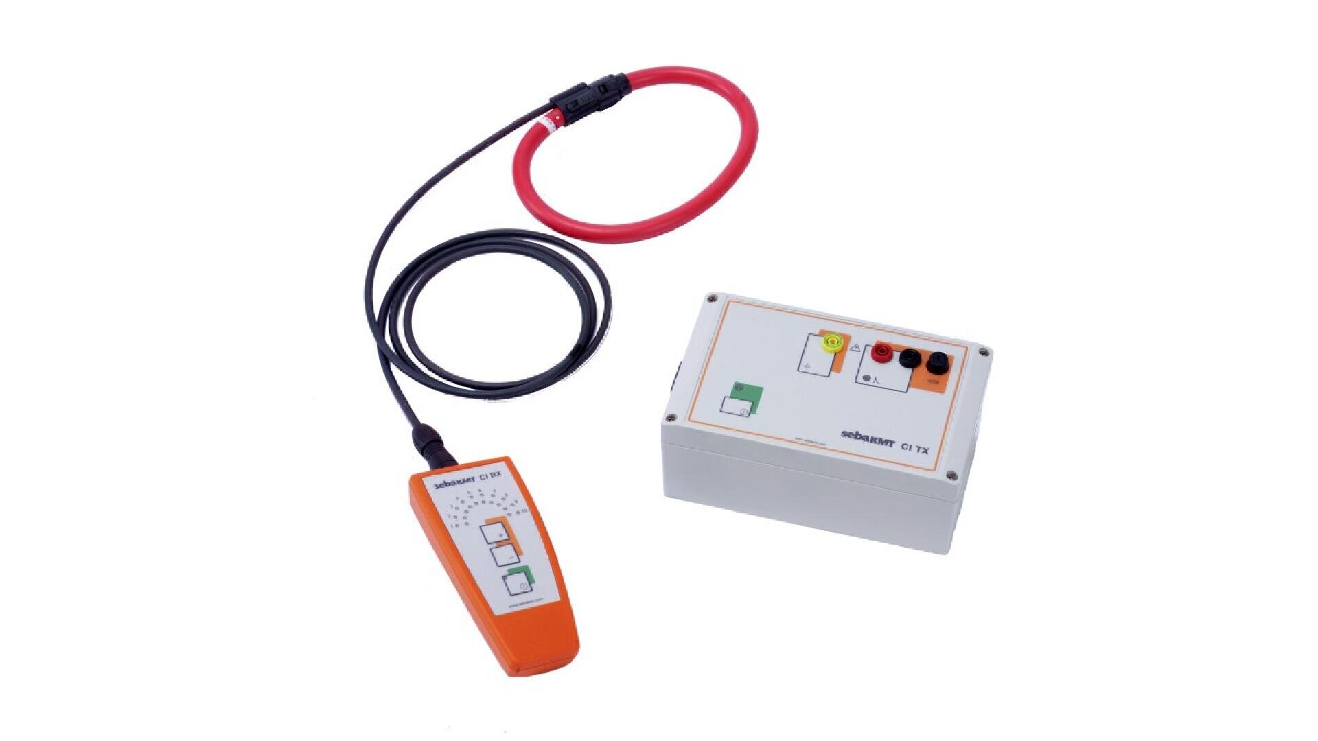 A handheld electronic device with an orange probe, a attached black cable with a red loop, and a white control box featuring buttons, indicator lights, and labels. The devices are placed on a white background.