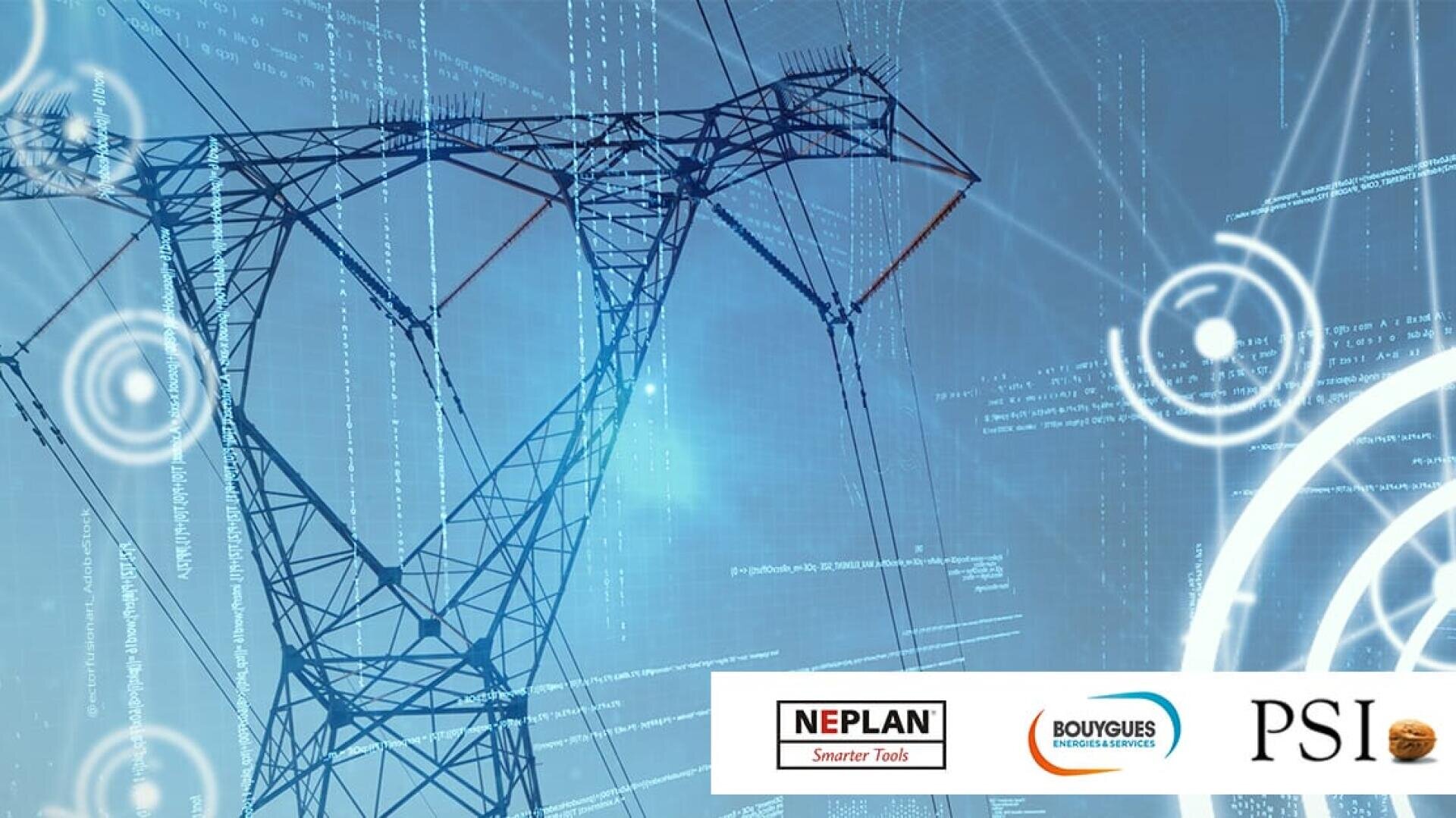 Hochspannungsleitungen mit einer digitalen Überlagerung von schaltkreisähnlichen Grafiken und binärem Code, die intelligente Energiesysteme symbolisieren. Die Logos von NEPLAN, Bouygues Energies & Services und PSI befinden sich unten rechts.