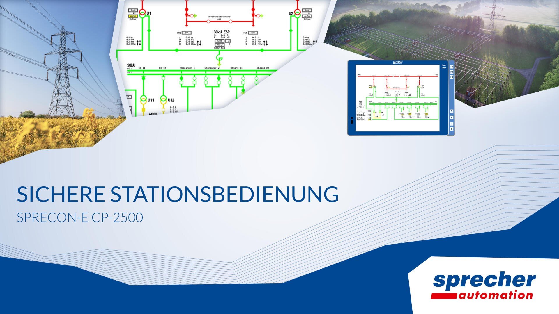 Präsentationsfolie mit Diagrammen von elektrischen Umspannwerken, einem Foto von Stromleitungen in einem Feld und einer digitalen Schnittstelle. Der Text lautet "Sichere Stationsbedienung SPRECON-E CP-2500" und zeigt das Logo von Sprecher Automation.