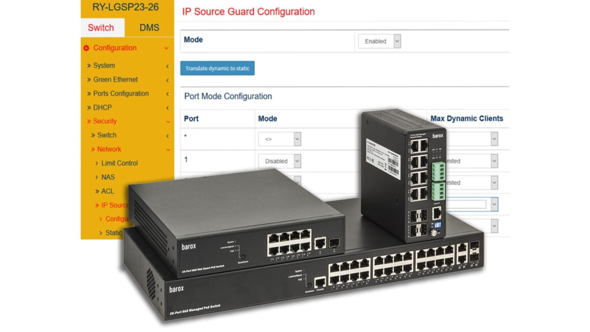 Diese Collage zeigt einen Screenshot des Konfigurationsmenüs eines Netzwerk-Switches und der Einstellungen für die IP-Quellensicherung, wobei drei industrielle Netzwerk-Switches im Vordergrund zu sehen sind.