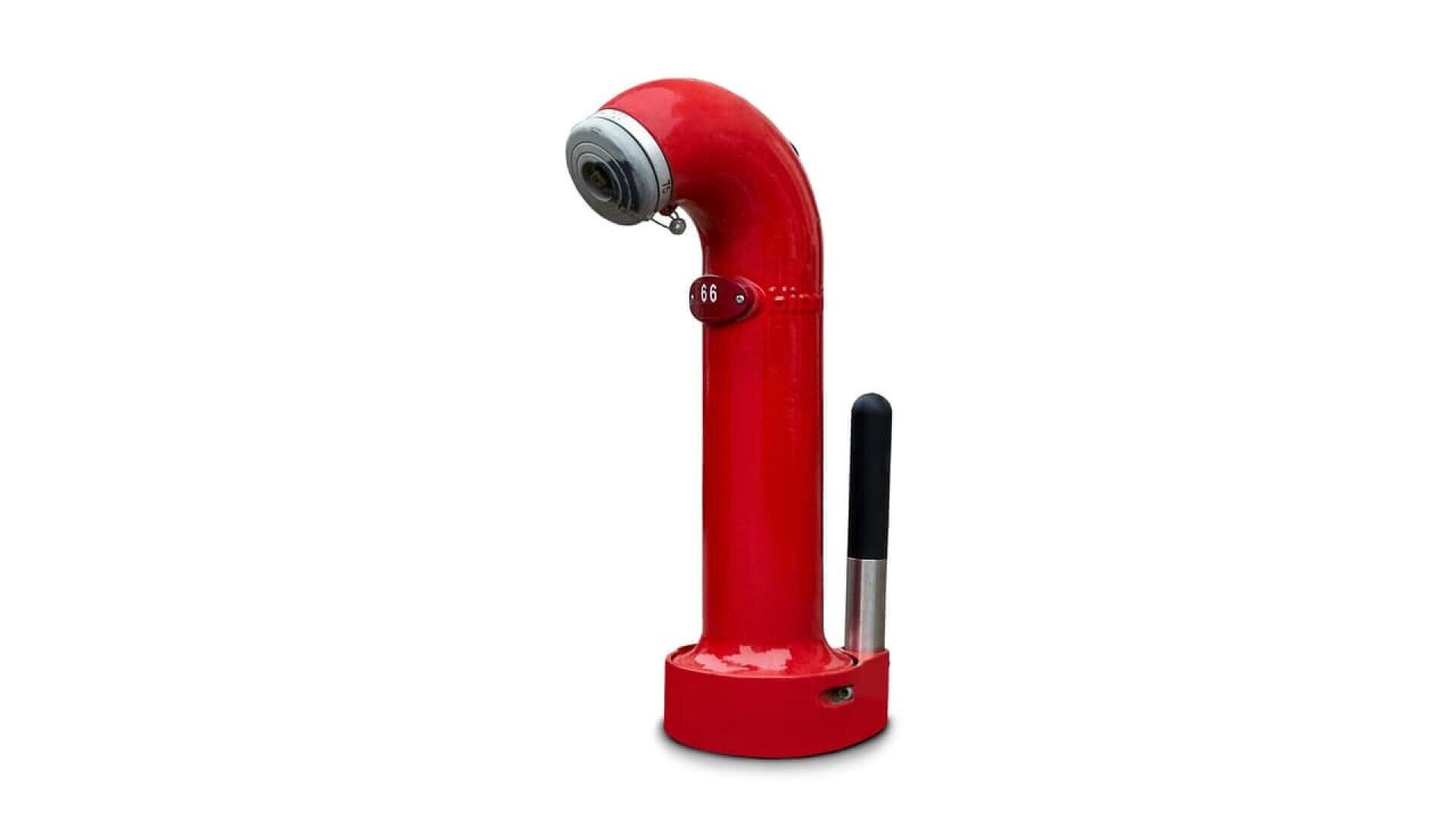 A red ship’s hydrant with a curved, upright pipe and metal cap, featuring a small numbered sign and a black vertical handle, isolated on a white background.
