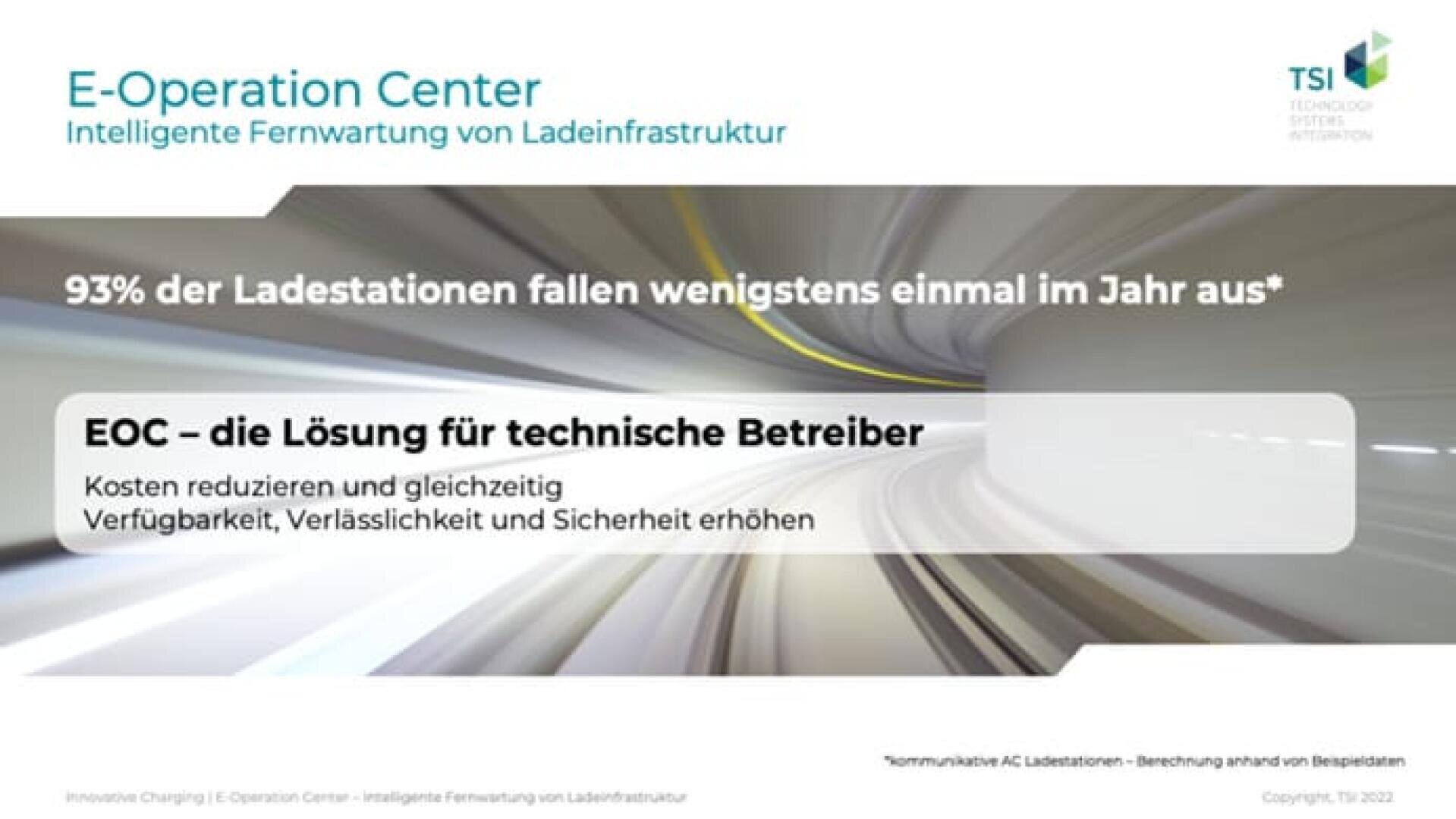 Eine Präsentationsfolie über das E-Operation Center für die Fernwartung von Ladestationen für Elektrofahrzeuge, in der hervorgehoben wird, dass 93 % der Ladestationen mindestens einmal im Jahr ausfallen, und in der für das EOC geworben wird, um Kosten zu senken und die Zuverlässigkeit zu erhöhen.