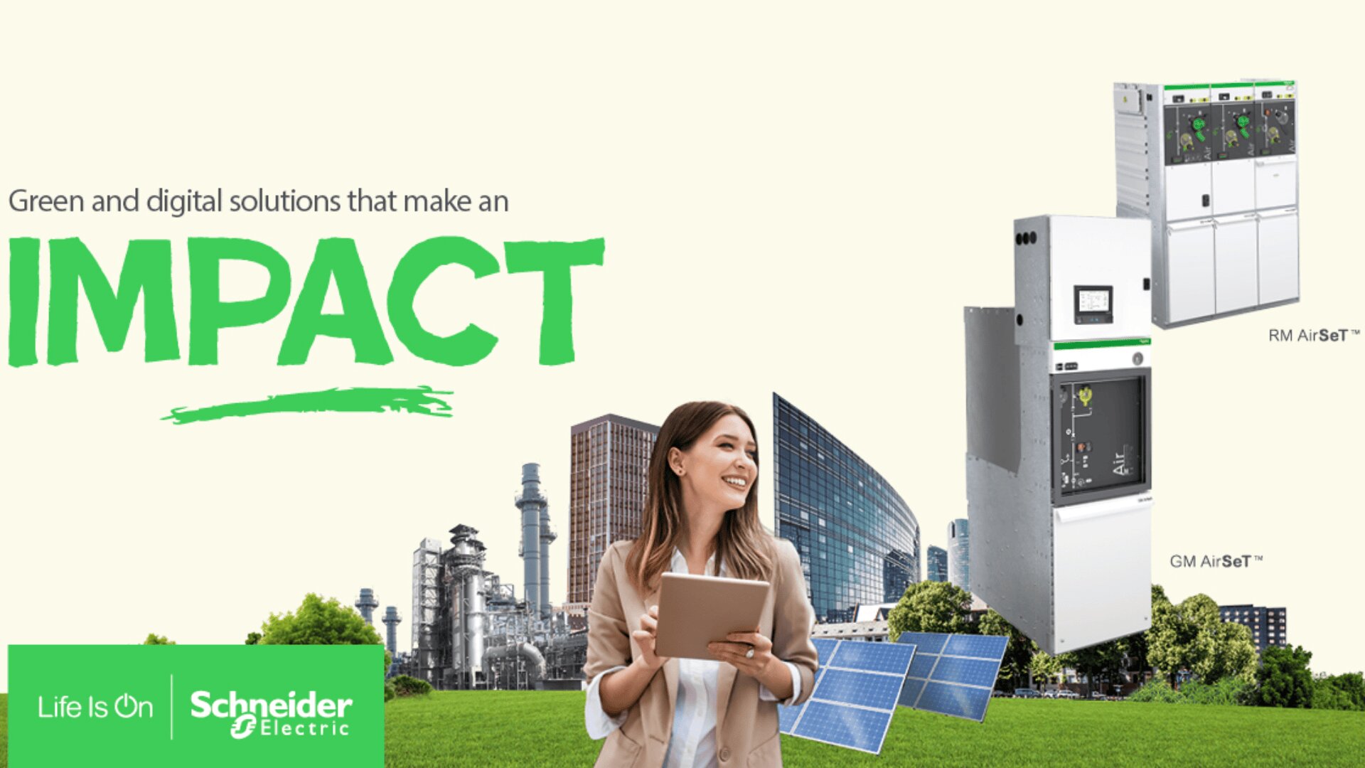 A smiling woman holding a tablet stands in front of a cityscape with solar panels and green technology equipment. Text reads Green and digital solutions that make an IMPACT. Schneider Electric logo is at the bottom left.