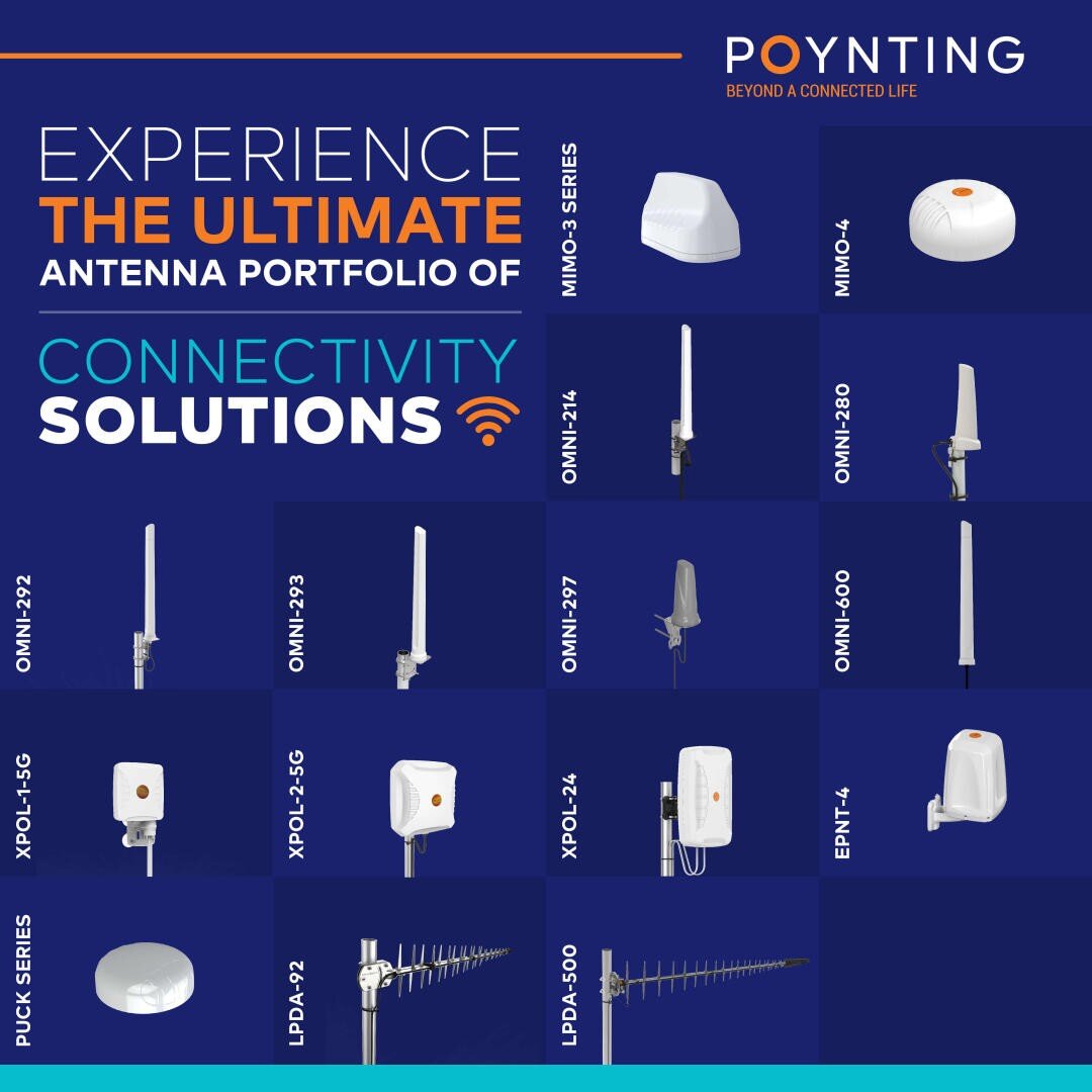 Raster verschiedener Antennen von Poynting, jede mit ihrem Modellnamen beschriftet, unter der Überschrift Experience the Ultimate Antenna Portfolio of Connectivity Solutions auf blauem Hintergrund.