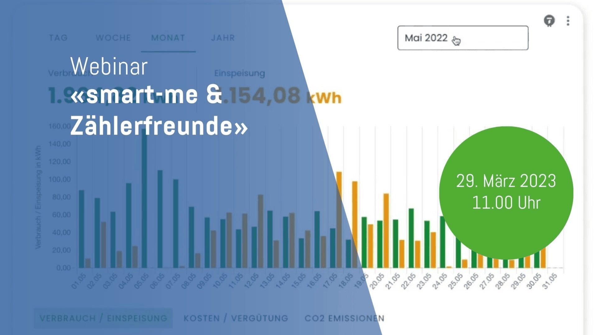 Ein Balkendiagramm mit Energiedaten wird teilweise durch eine blaue Überlagerung mit dem Text verdeckt: Webinar 1. "smart-me & Zählerfreunde". Ein grüner Kreis zeigt 29. März 2023 11.00 Uhr.