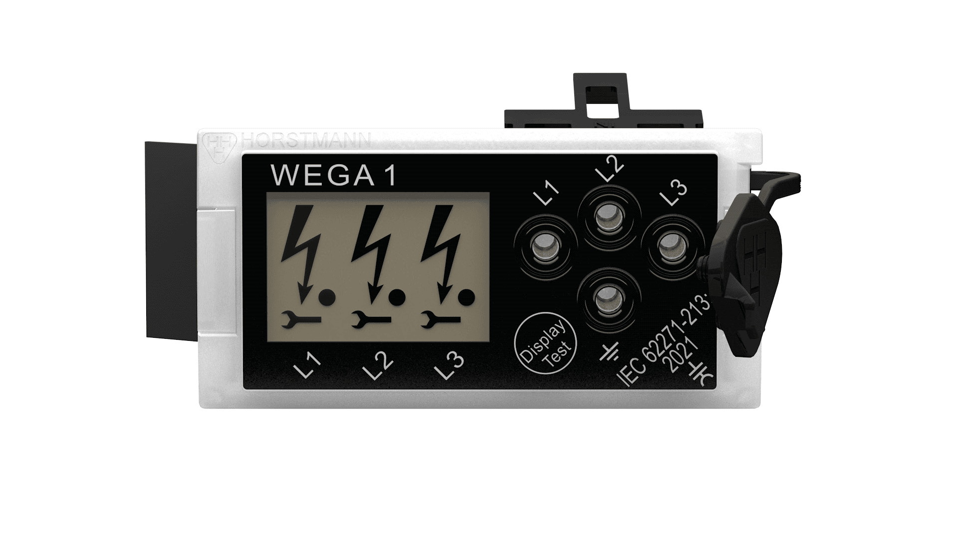 Vorderansicht eines Horstmann-WEGA1-Geräts mit drei Blitzsymbolen auf einem Bildschirm mit den Bezeichnungen L1, L2 und L3, vier kreisförmigen Anschlüssen und einer Display/Test-Taste auf der rechten Seite.