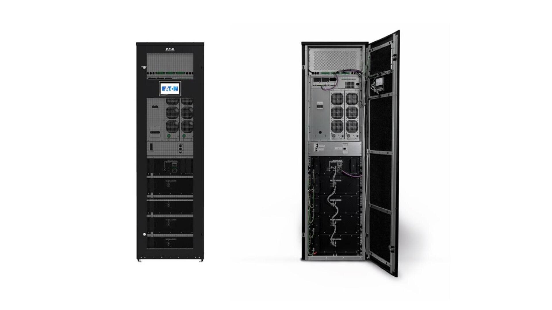 Two views of a black server rack: one showing the closed front with a display and Eaton logo, and the other showing the inside components and wiring through an open door.