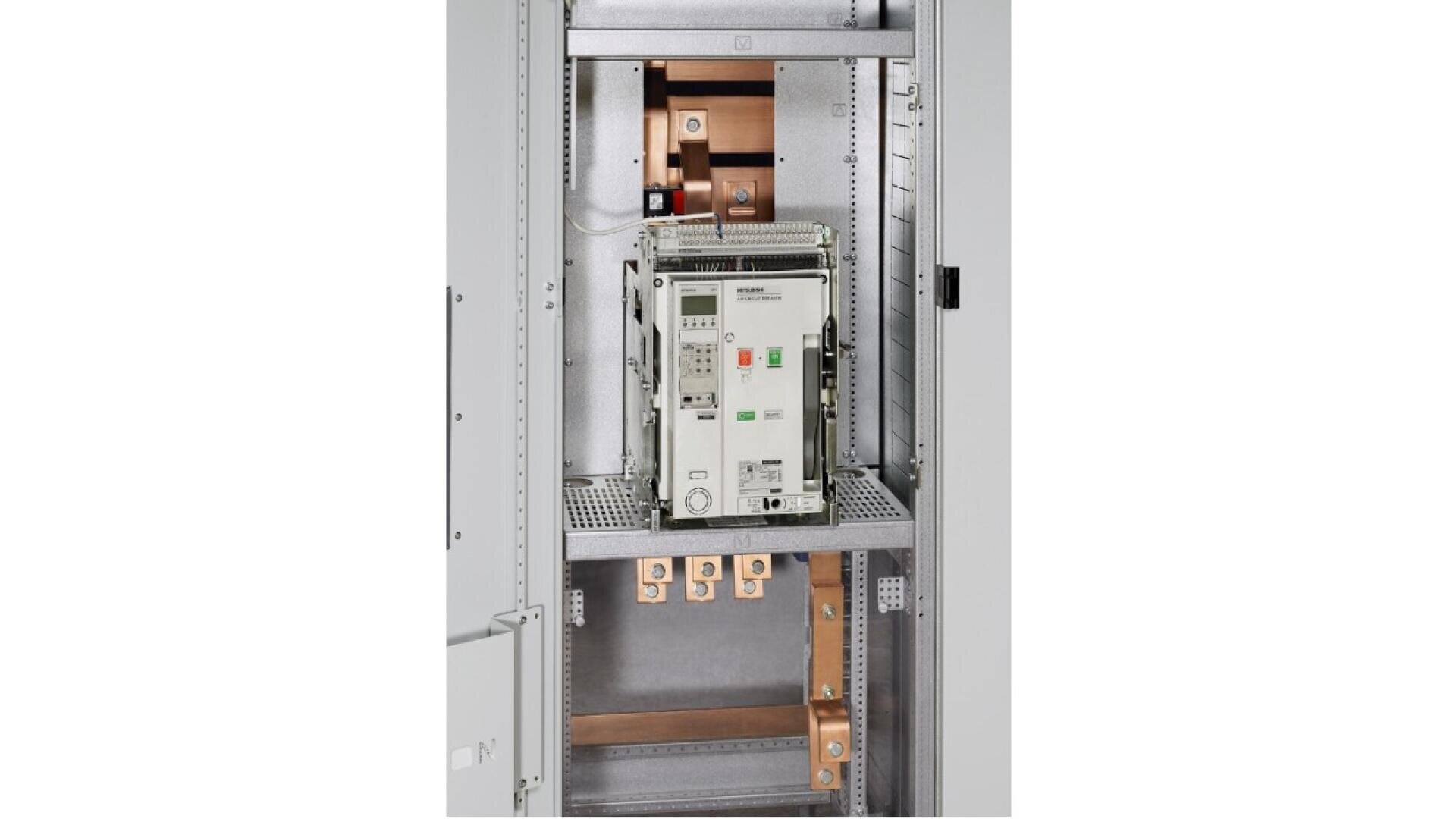An industrial electrical switchgear cabinet with a mounted circuit breaker, control buttons, indicator lights, wiring, and copper busbars visible inside.