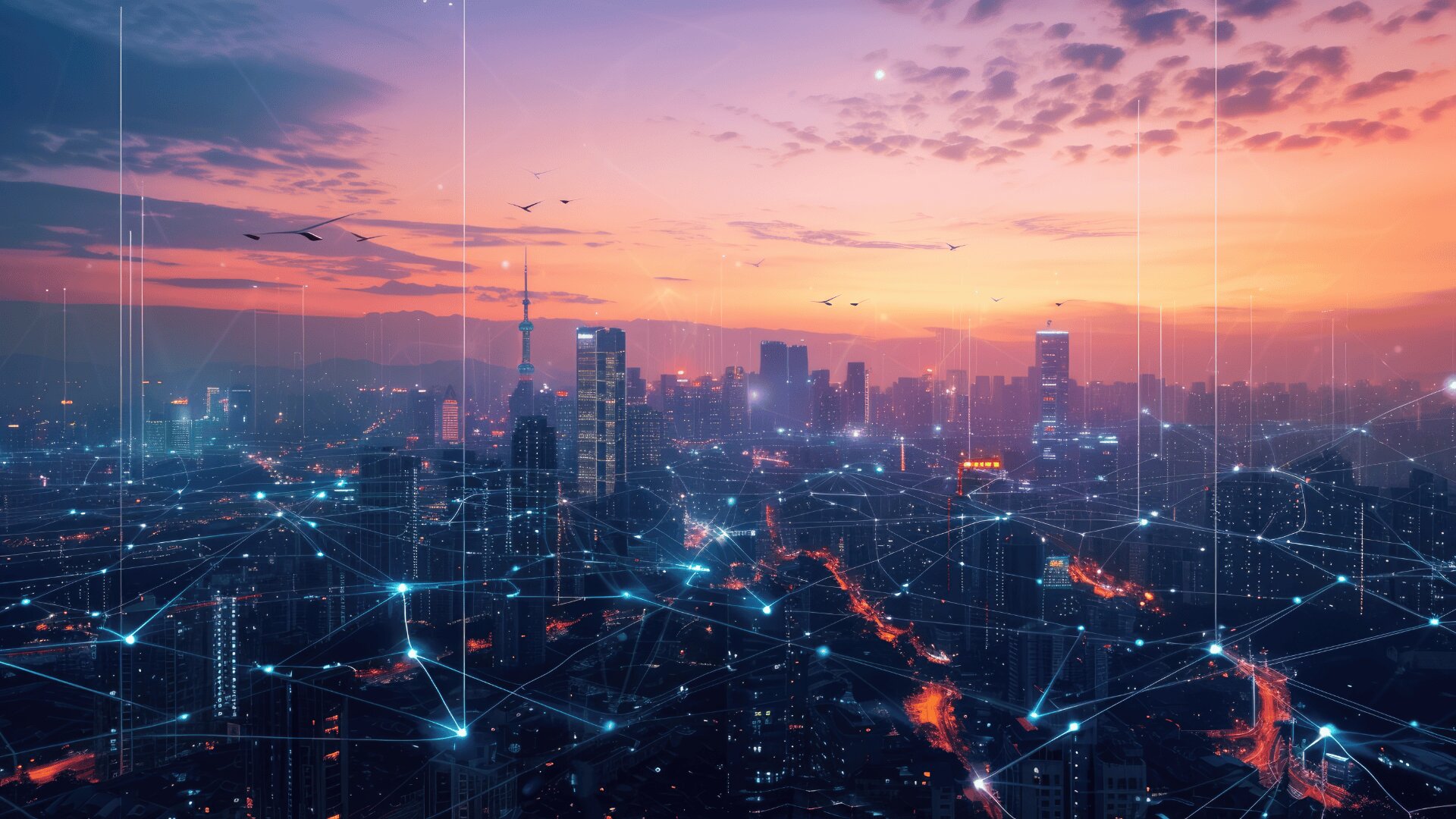 Eine Stadtsilhouette bei Sonnenuntergang mit beleuchteten Wolkenkratzern, die durch leuchtende digitale Netzwerkleitungen miteinander verbunden sind, die intelligente Stadttechnologie und fortschrittliche städtische Kommunikation symbolisieren. Vögel fliegen am bunten Himmel über der Stadtlandschaft.