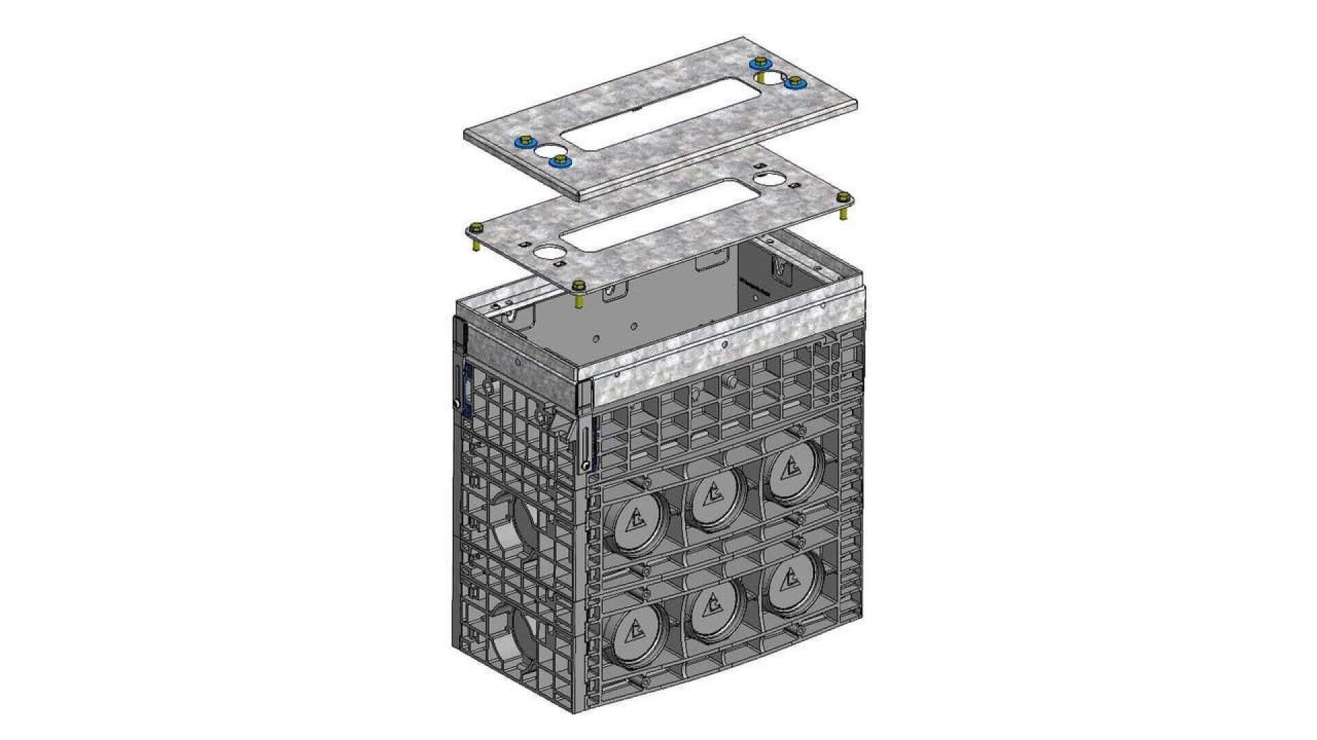 3D rendering of a metal box-like enclosure with six circular ventilation fans in front, and a rectangular top cover shown removed and suspended above with visible screws.