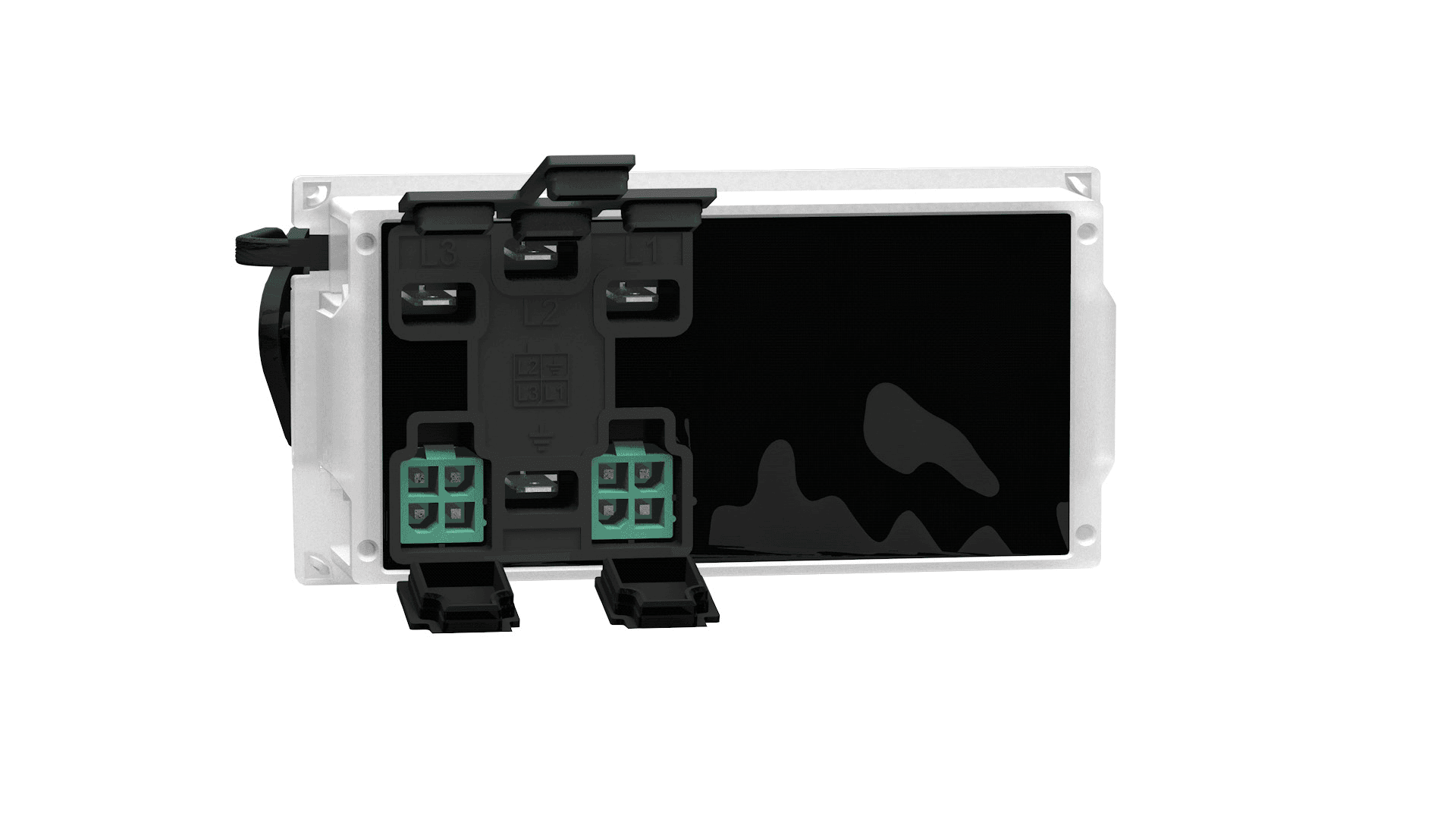 Ein rechteckiges elektronisches Gerät mit schwarzer Frontplatte, weißem Rahmen und mehreren grünen und schwarzen Anschlüssen auf der Vorderseite.