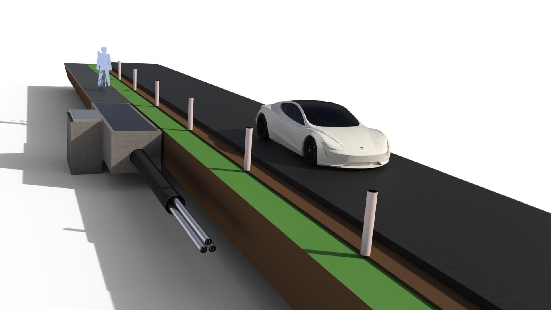 A rendered image showing a sidewalk with a person, a green bike lane, an adjacent road with a white car, and exposed underground utility pipes along the side. White posts separate the bike lane from the road.