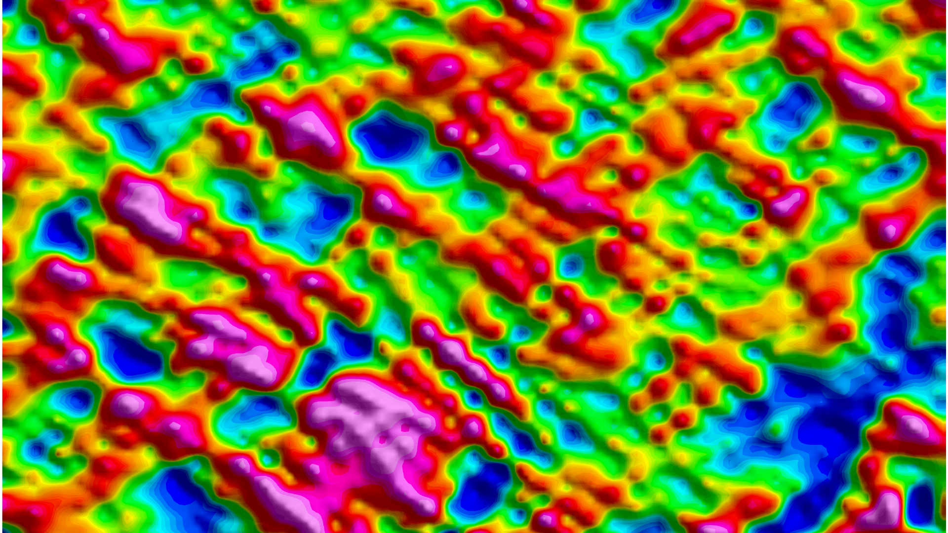 A colorful, abstract pattern with bold structures in which bright red, green, yellow, blue and purple surfaces mix and swirl in an organic, irregular arrangement.