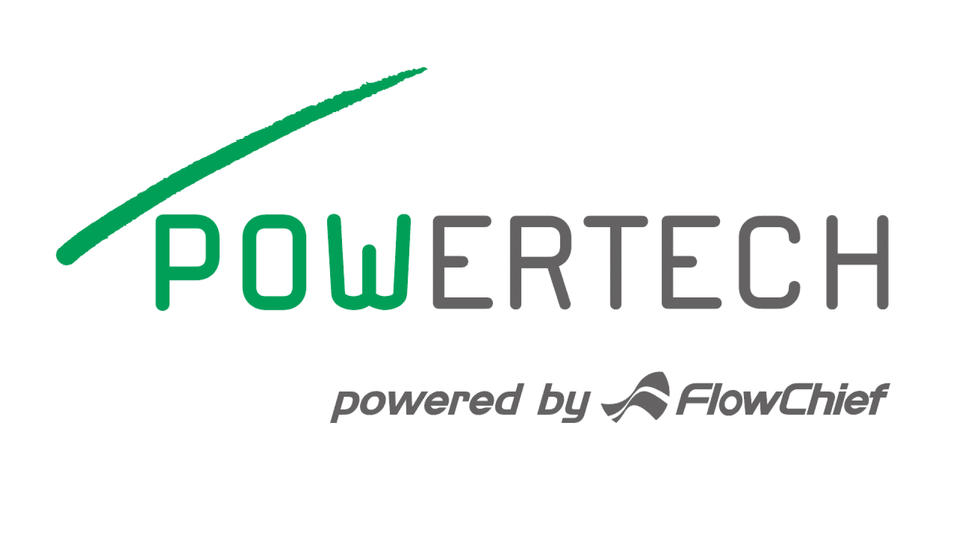 Logo mit dem Wort POWERTECH, wobei POWER in grün und TECH in grau dargestellt ist, mit einem grünen Swoosh darüber. Darunter steht in grauem Text powered by FlowChief mit dem FlowChief-Logo.