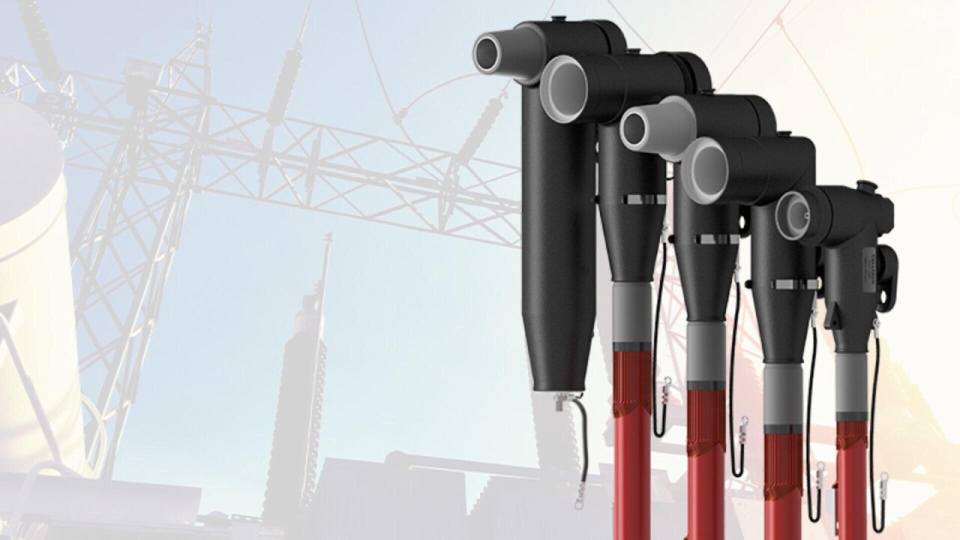 Several black and silver electrical testing devices are shown in a row, gradually increasing in height. Faint outlines of power lines and electrical towers are visible in the background.