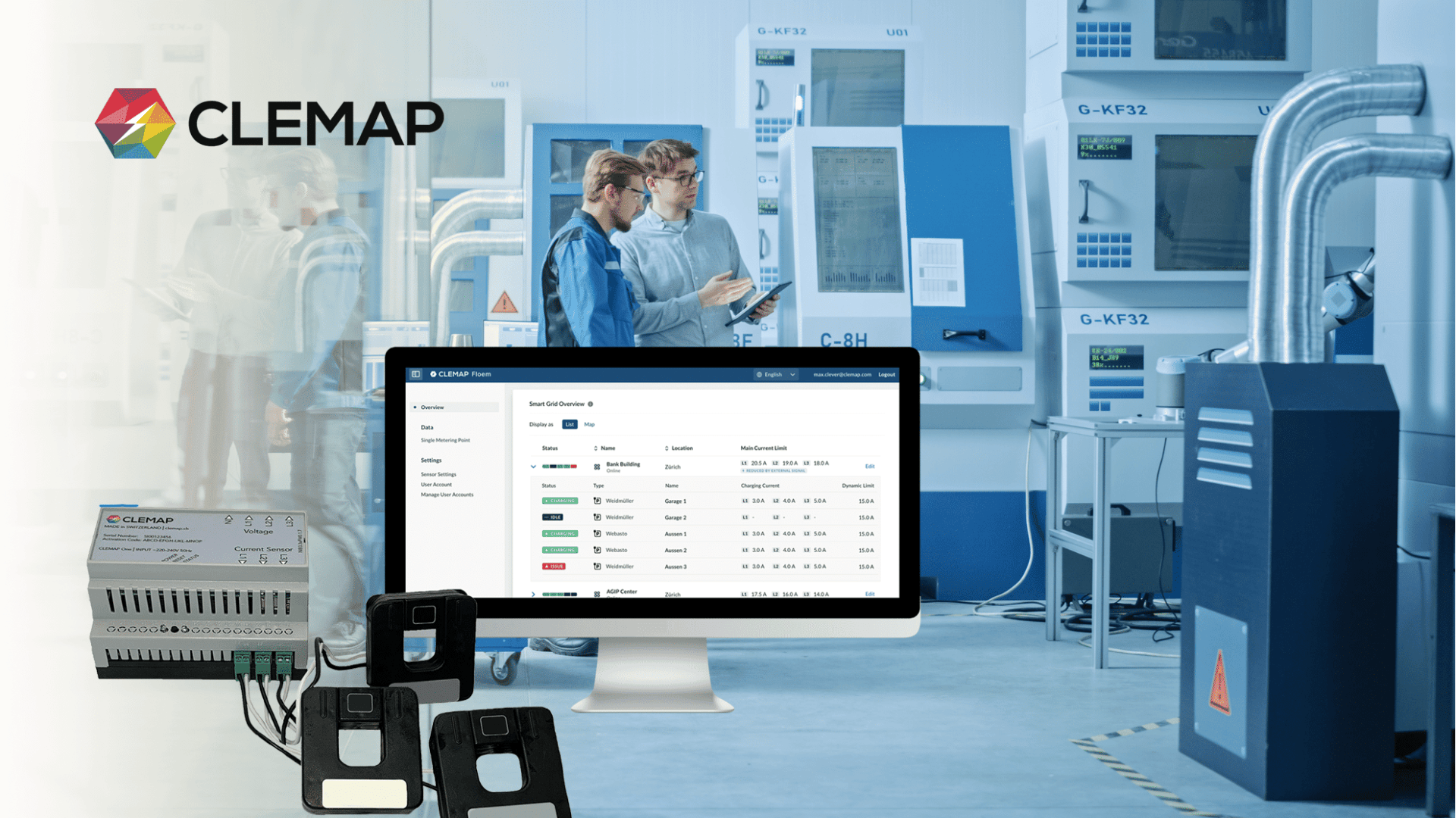 Two people in lab coats talk in a high-tech industrial lab with control panels. In the foreground, a computer monitor displays data, and electronic devices with wires and sensors are shown. CLEMAP logo appears in the upper left.
