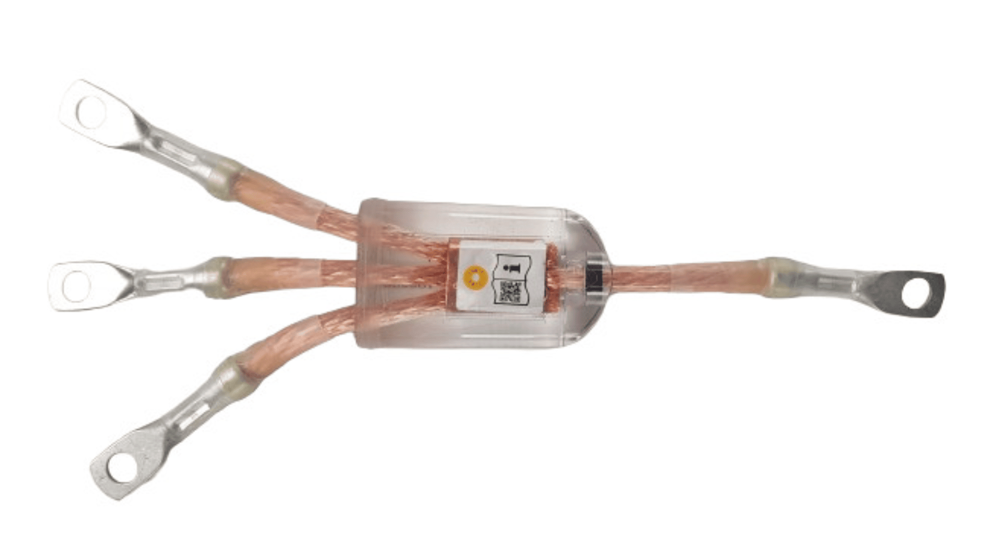 Eine elektrische Sicherung mit drei Anschlüssen und einem durchsichtigen Gehäuse, in dem Kupferdrähte und Metallösen an beiden Enden für die elektrischen Anschlüsse sichtbar sind. Auf dem Gehäuse ist ein Etikett mit einem QR-Code und Symbolen angebracht.