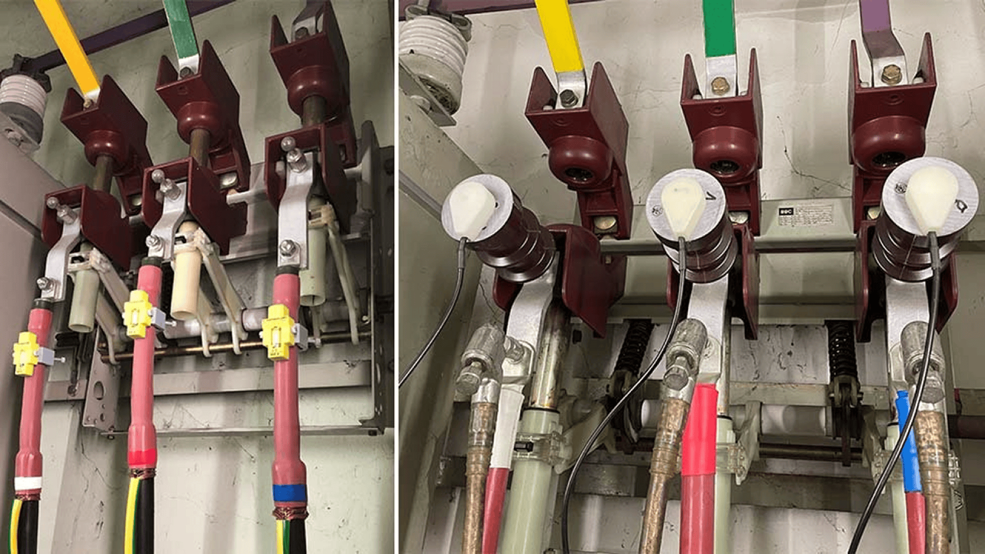 Nahaufnahmen von elektrischen Hochspannungsschaltern mit roten, gelben und grünen Drähten, die an Metallklemmen in einer industriellen Schalttafel angeschlossen sind.