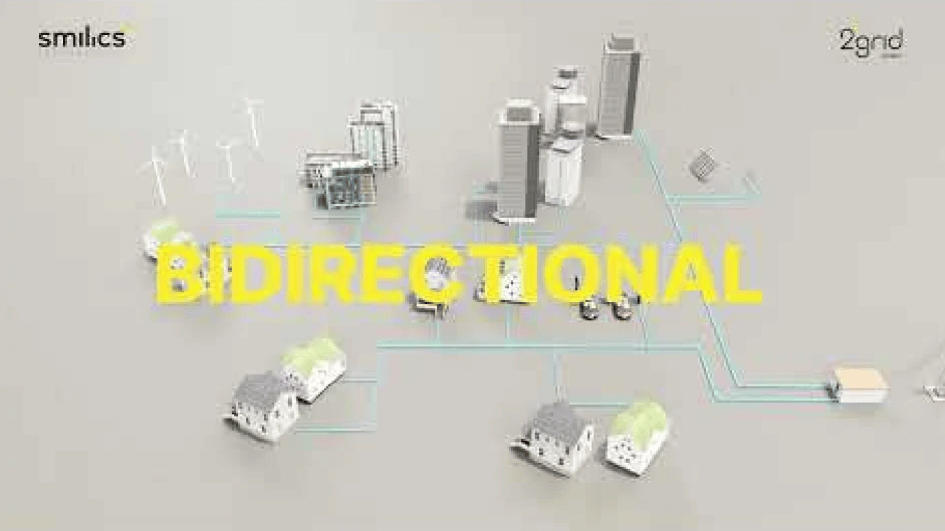 A digital illustration of a smart city with houses, buildings, wind turbines, cars, and power lines. The word “BIDIRECTIONAL” is displayed prominently in large yellow letters across the center.