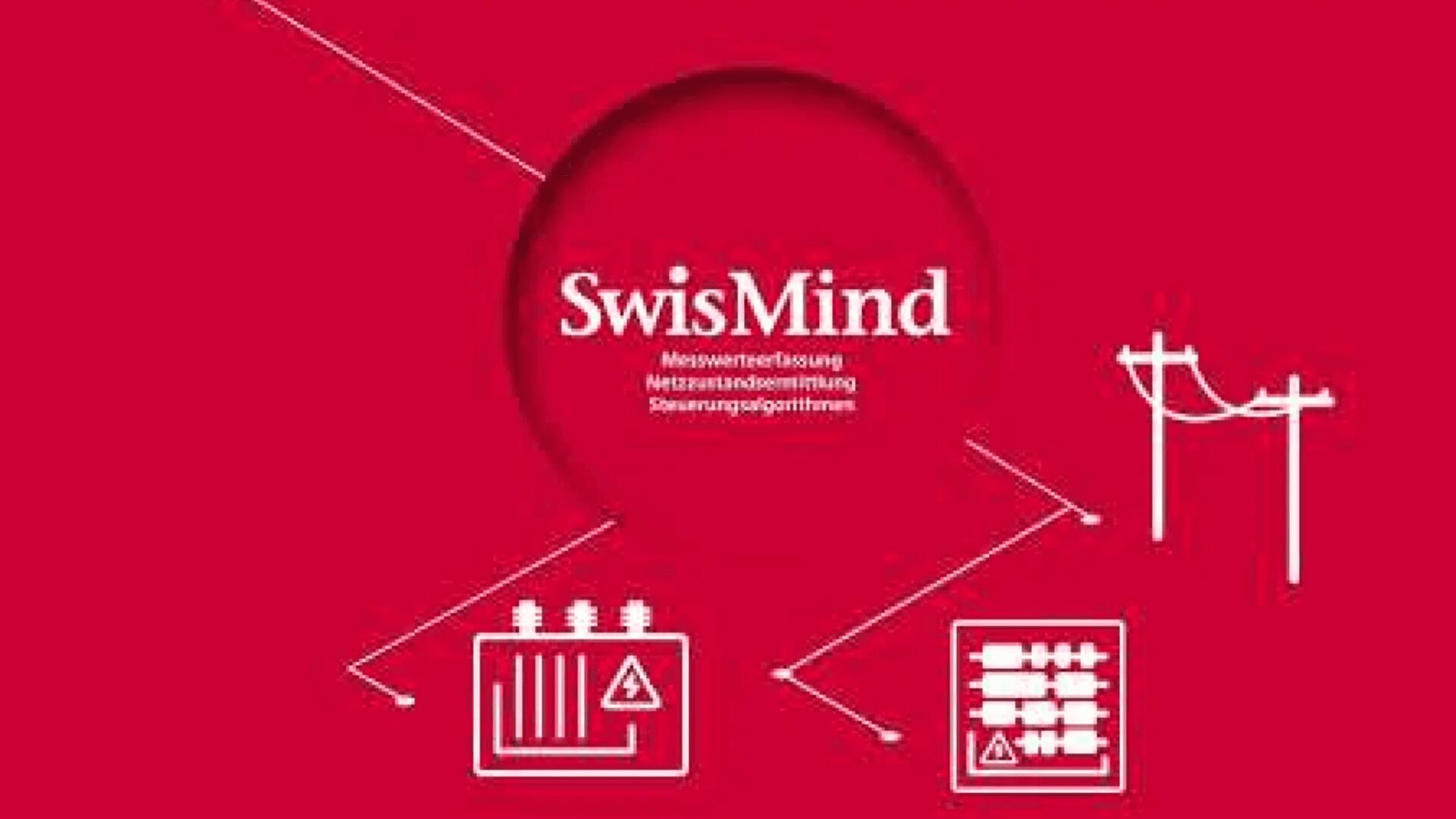 Roter Hintergrund mit dem Wort SwisMind in weißer Farbe in der Mitte, umgeben von technischen Symbolen, darunter Stromleitungen, ein Bedienfeld und ein Abakus, verbunden durch weiße Linien.