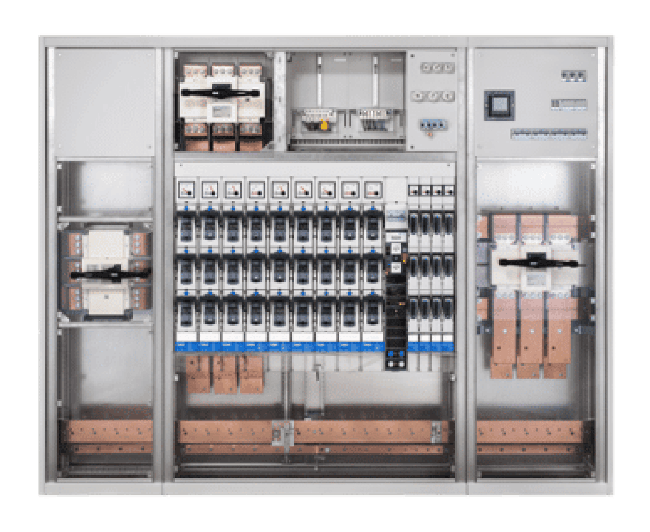 Eine elektrische Schalttafel mit mehreren Leistungsschaltern, Schaltern und Kupfersammelschienen, die übersichtlich in einem Metallgehäuse angeordnet sind. Die Schalttafel ist offen und zeigt die interne Verdrahtung und die Komponenten.